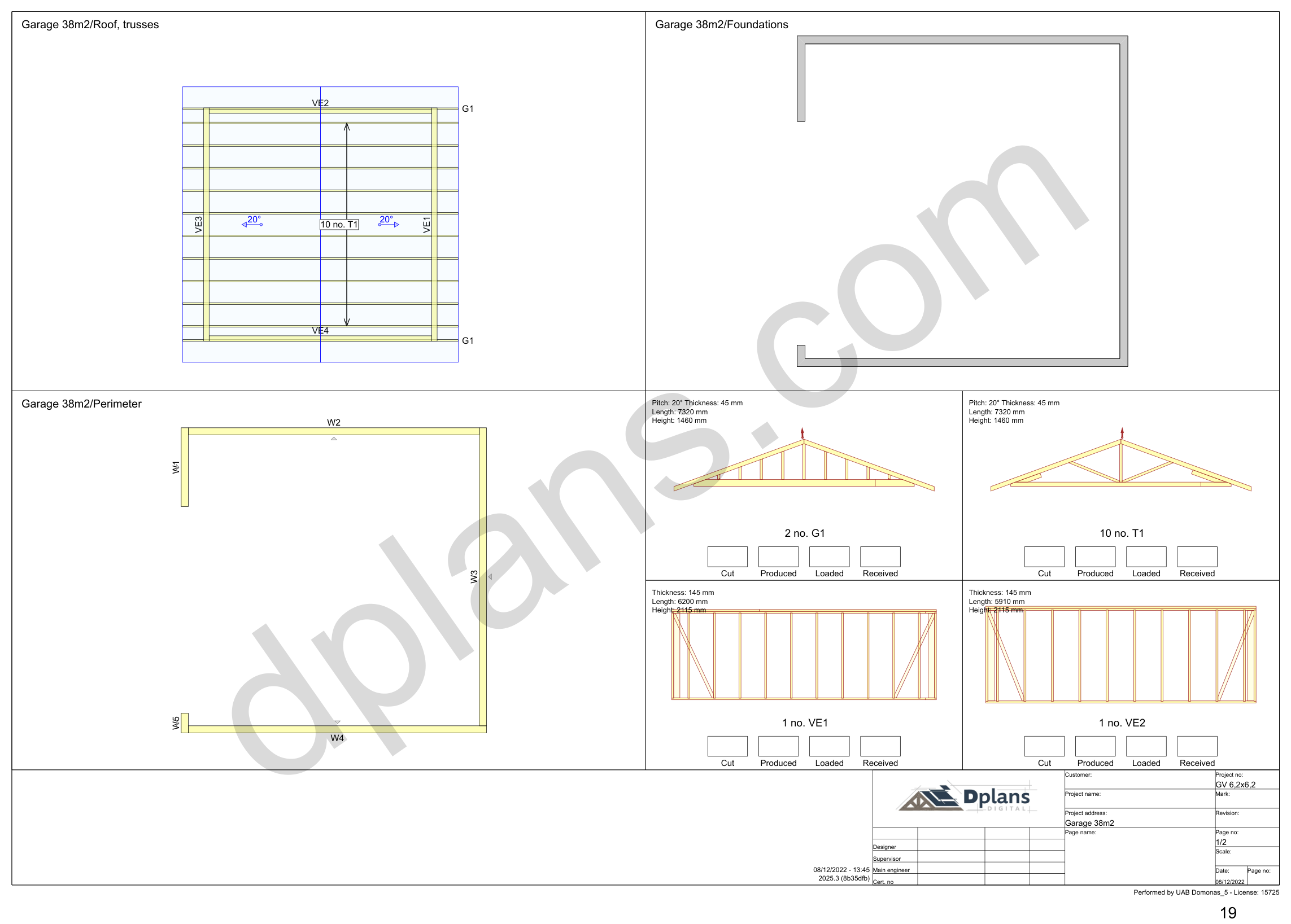 20x20 garage plans, overview sheet with the truss plan, foundation, perimeter and wall panels (metric, mm)