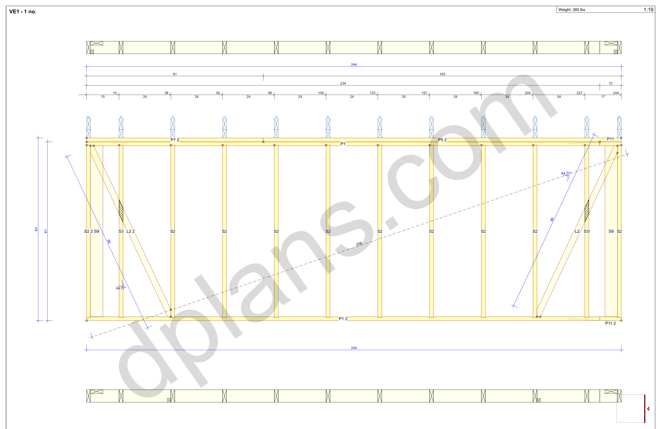 20x20 garage plans, wall panel framing elevation with stud spacing and the cut list (imperial, inches)