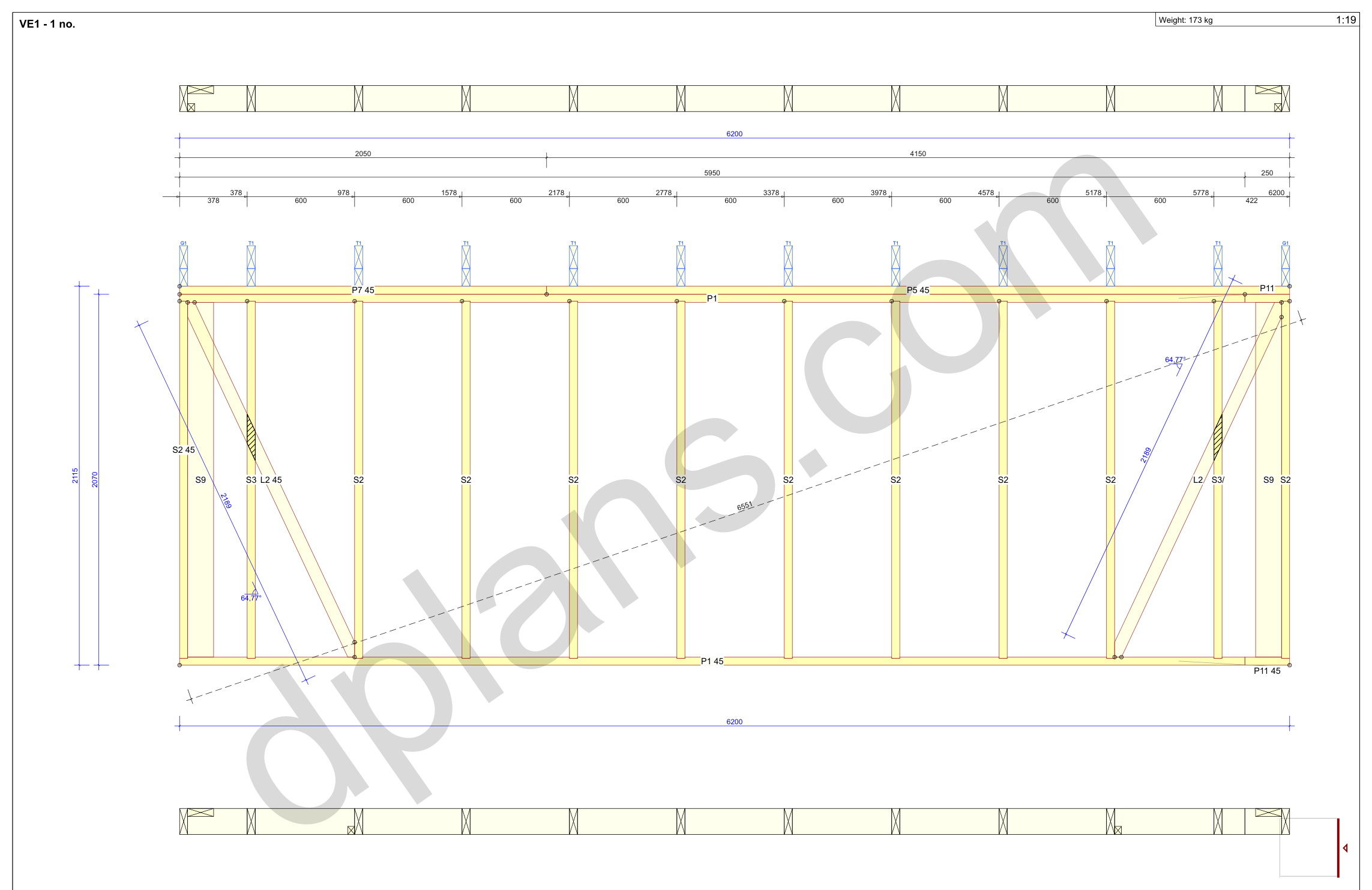 20x20 garage plans, wall panel framing elevation with stud spacing and the cut list (metric, mm)