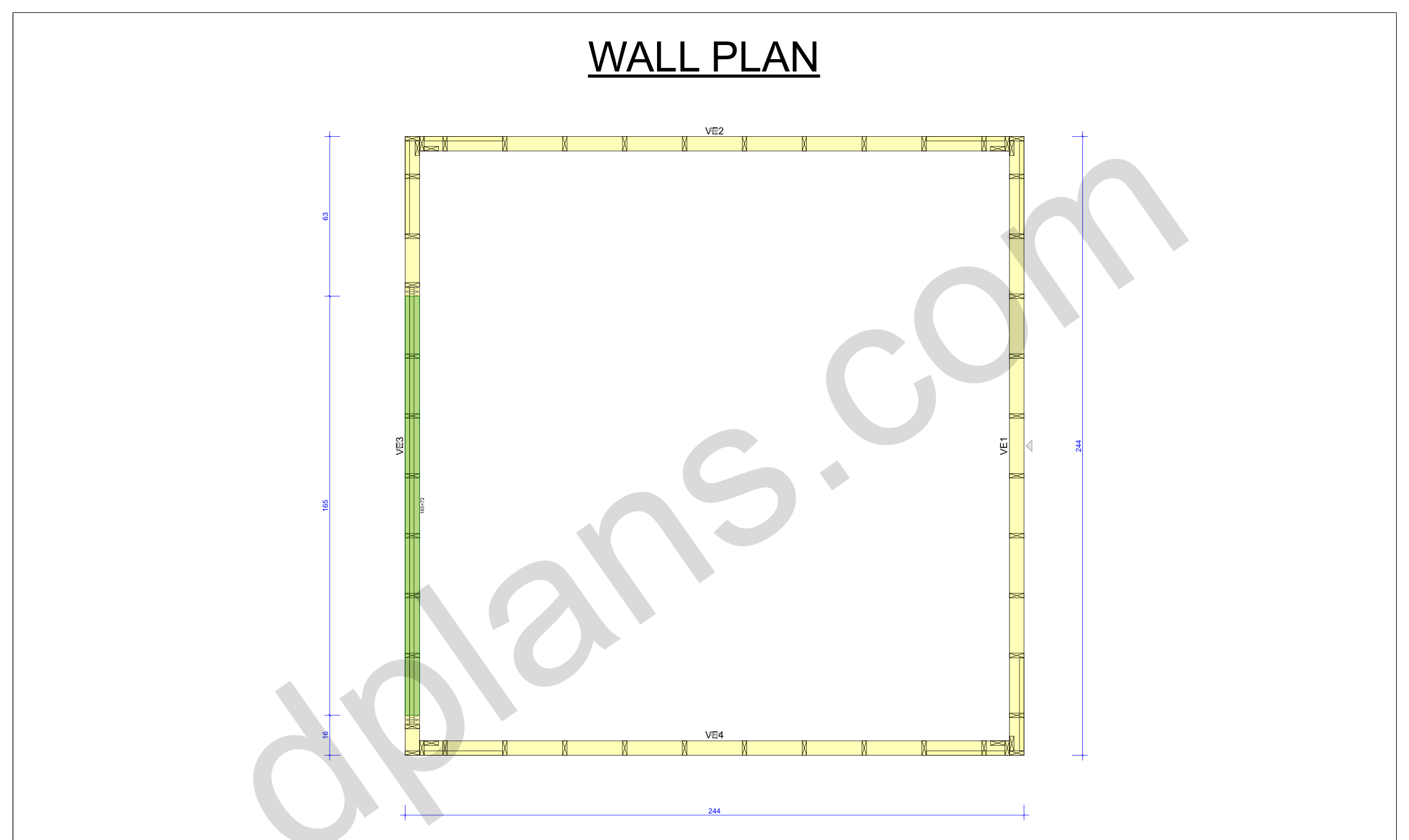 20x20 garage plans, wall layout plan with the four wall panels and the door opening (imperial, inches)