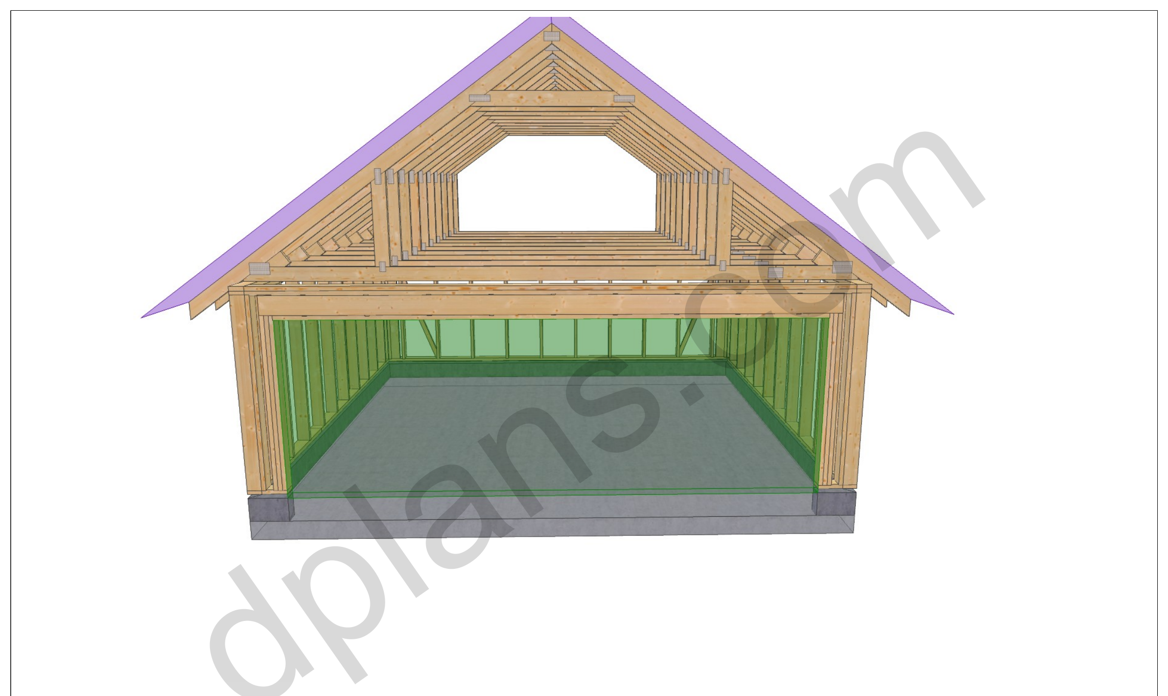 20x20 garage plans, 3D view of the timber frame with the garage door opening and roof trusses