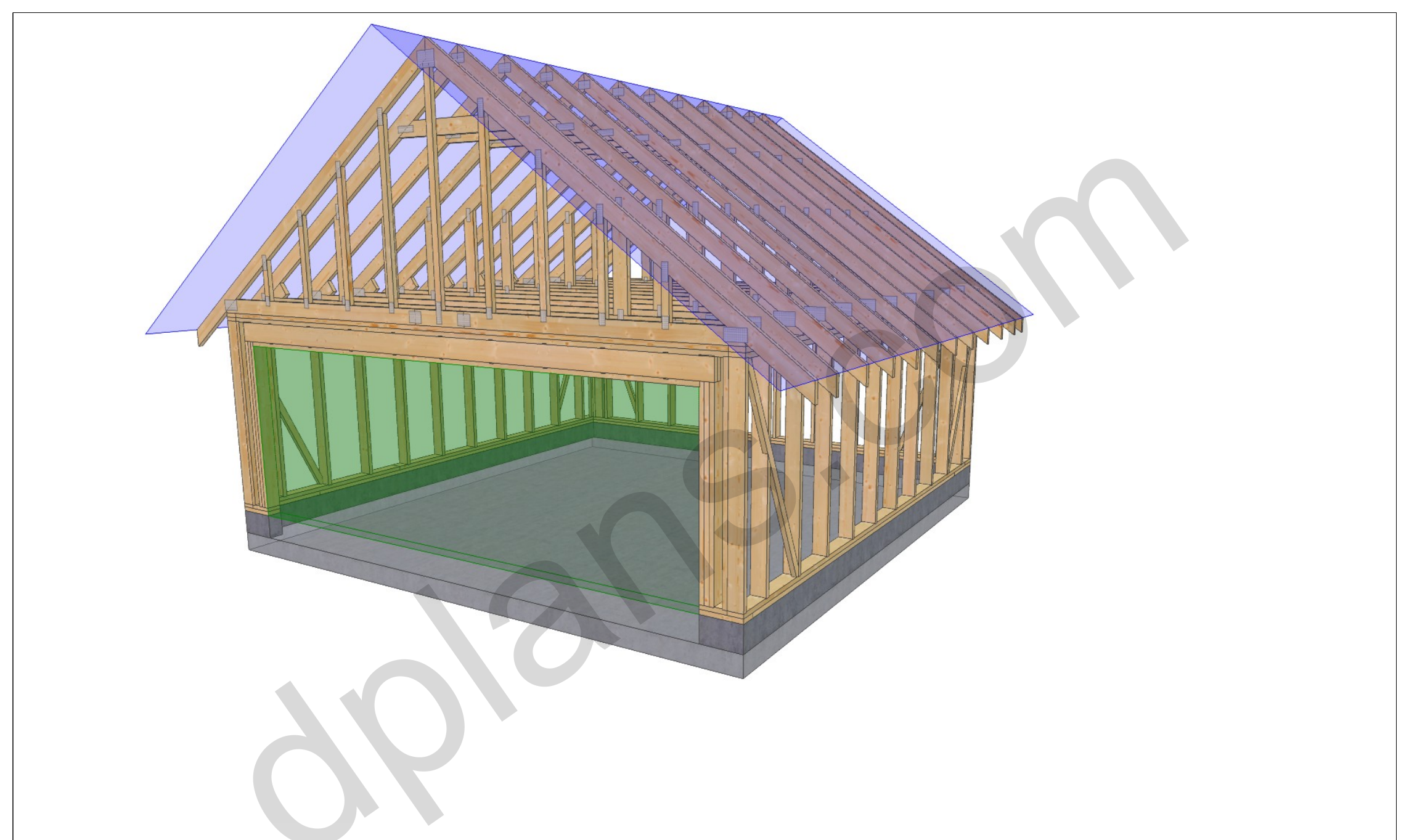 20x20 garage plans, 3D framing view of the stud walls, bracing and roof trusses over the slab