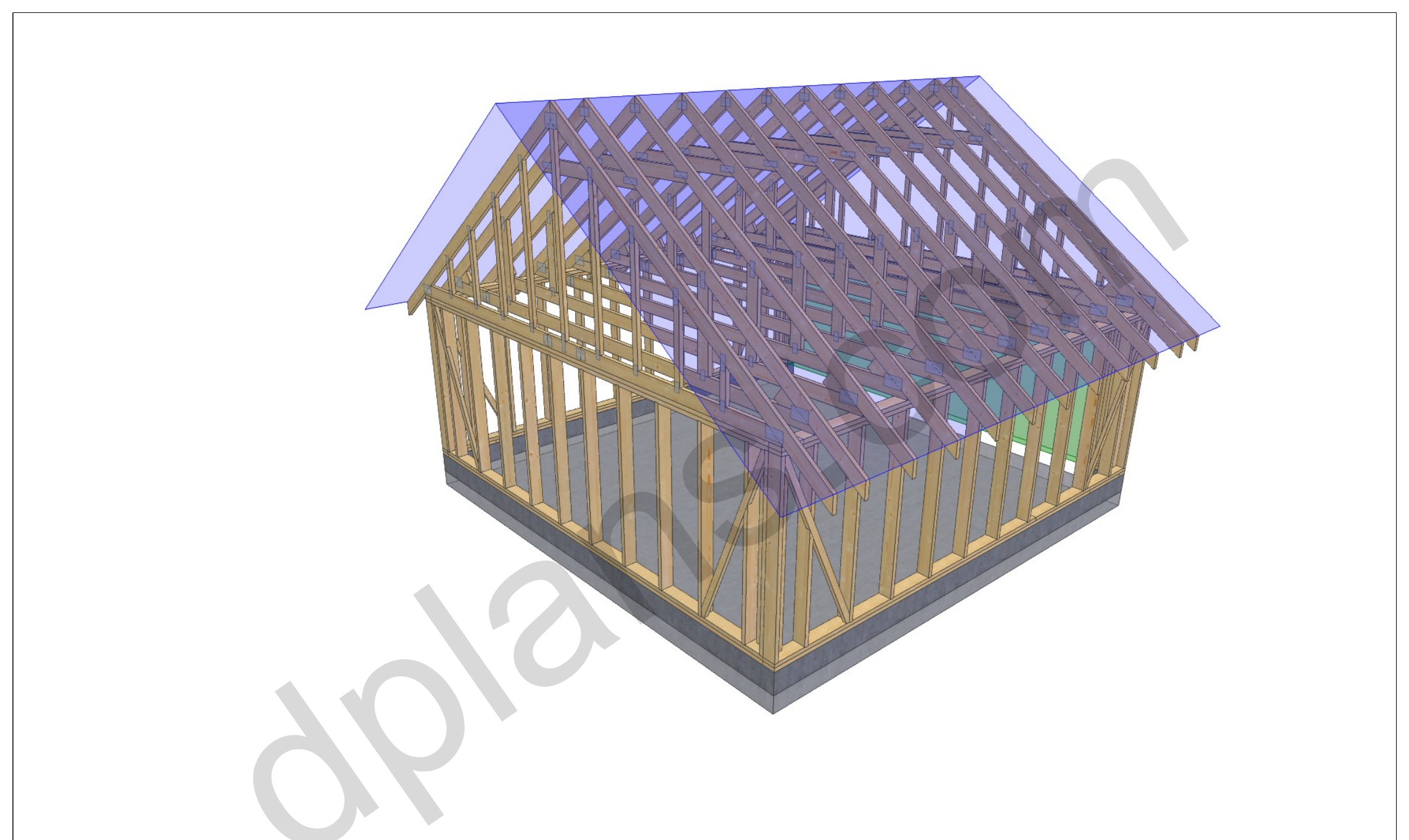 20x20 garage plans, 3D model of the timber frame garage with roof trusses on a concrete slab