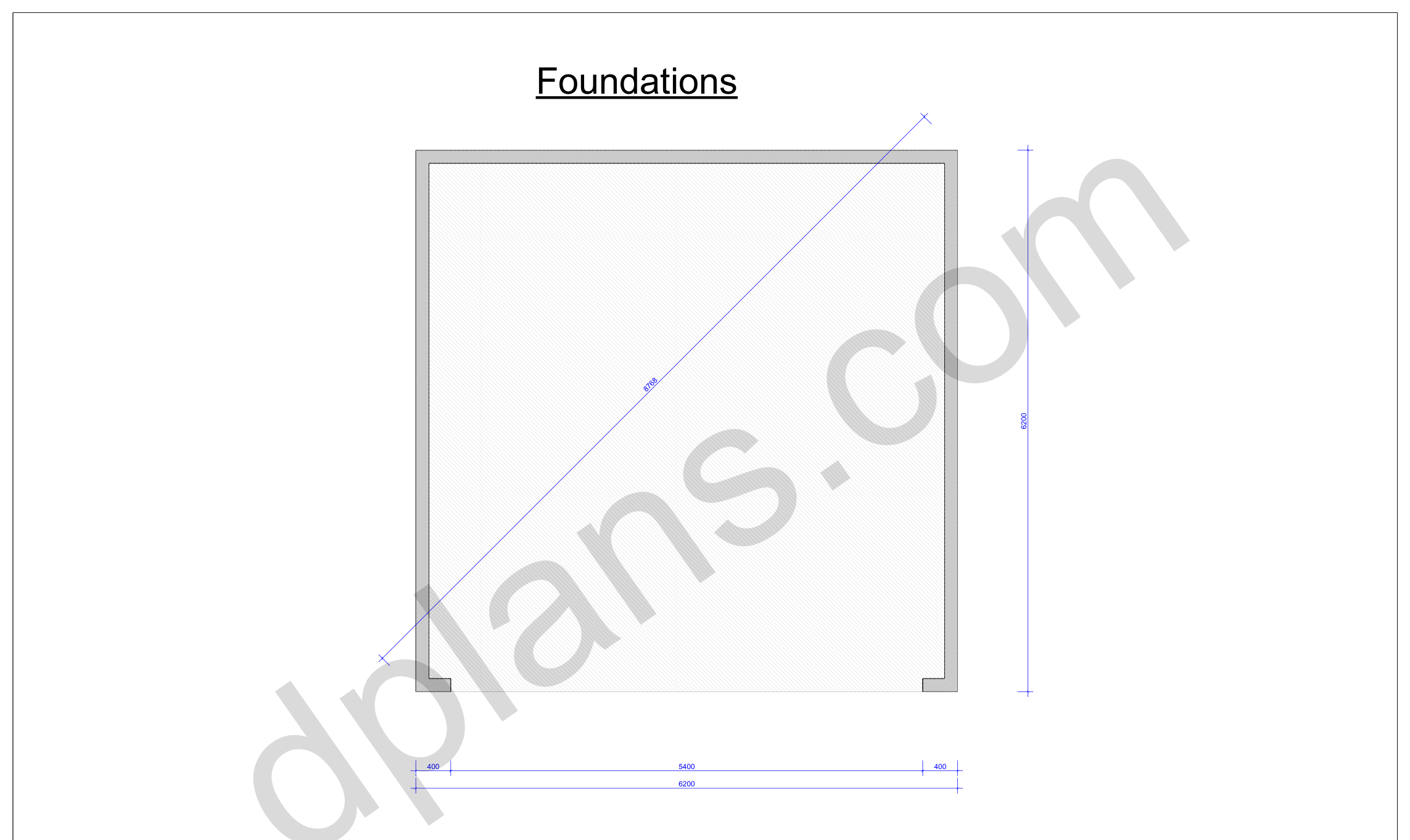20x20 garage plans, foundation plan with the concrete slab outline and diagonal check (metric, mm)