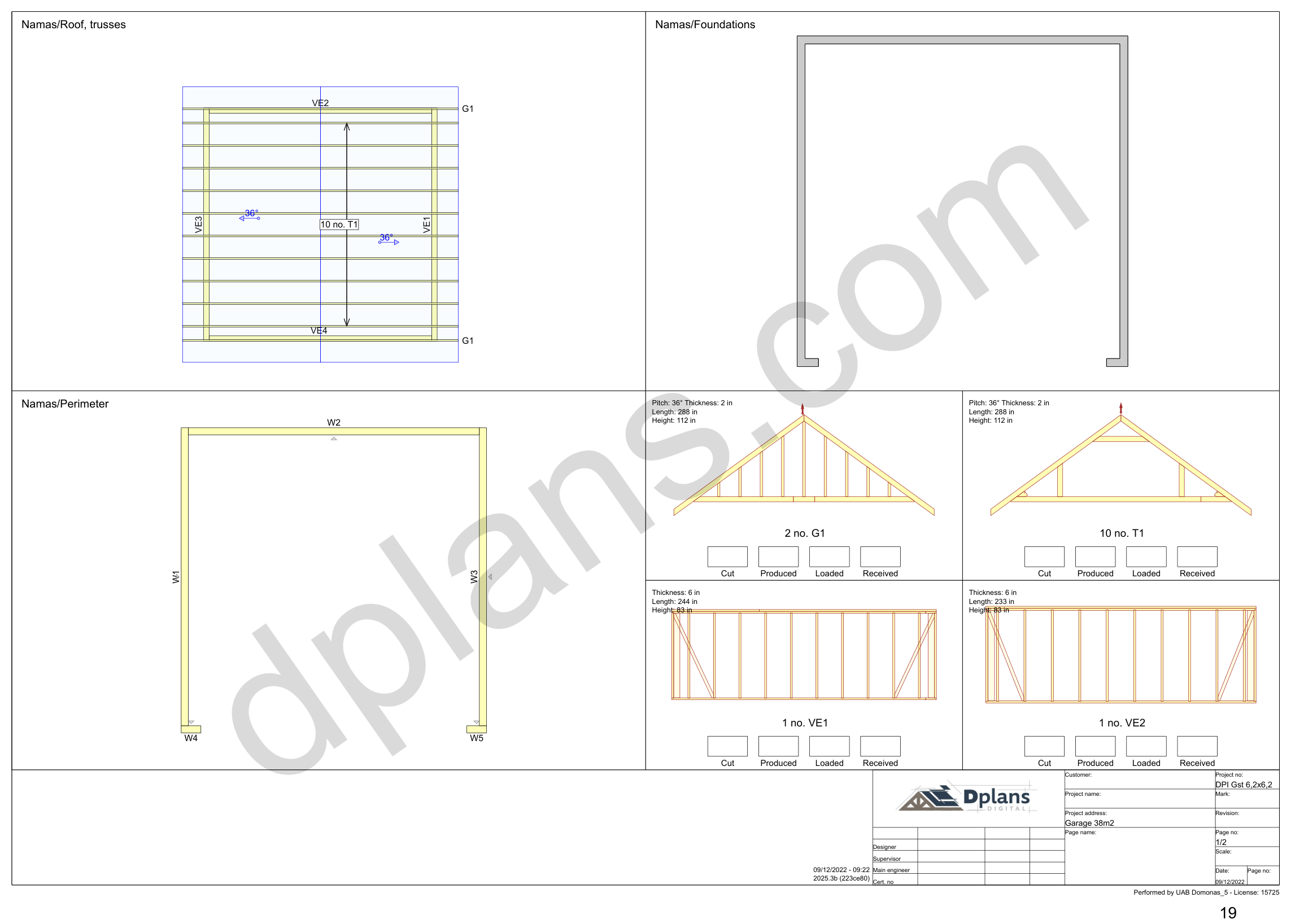 20x20 garage plans, overview sheet with the truss plan, foundation, perimeter and wall panels (imperial, inches)