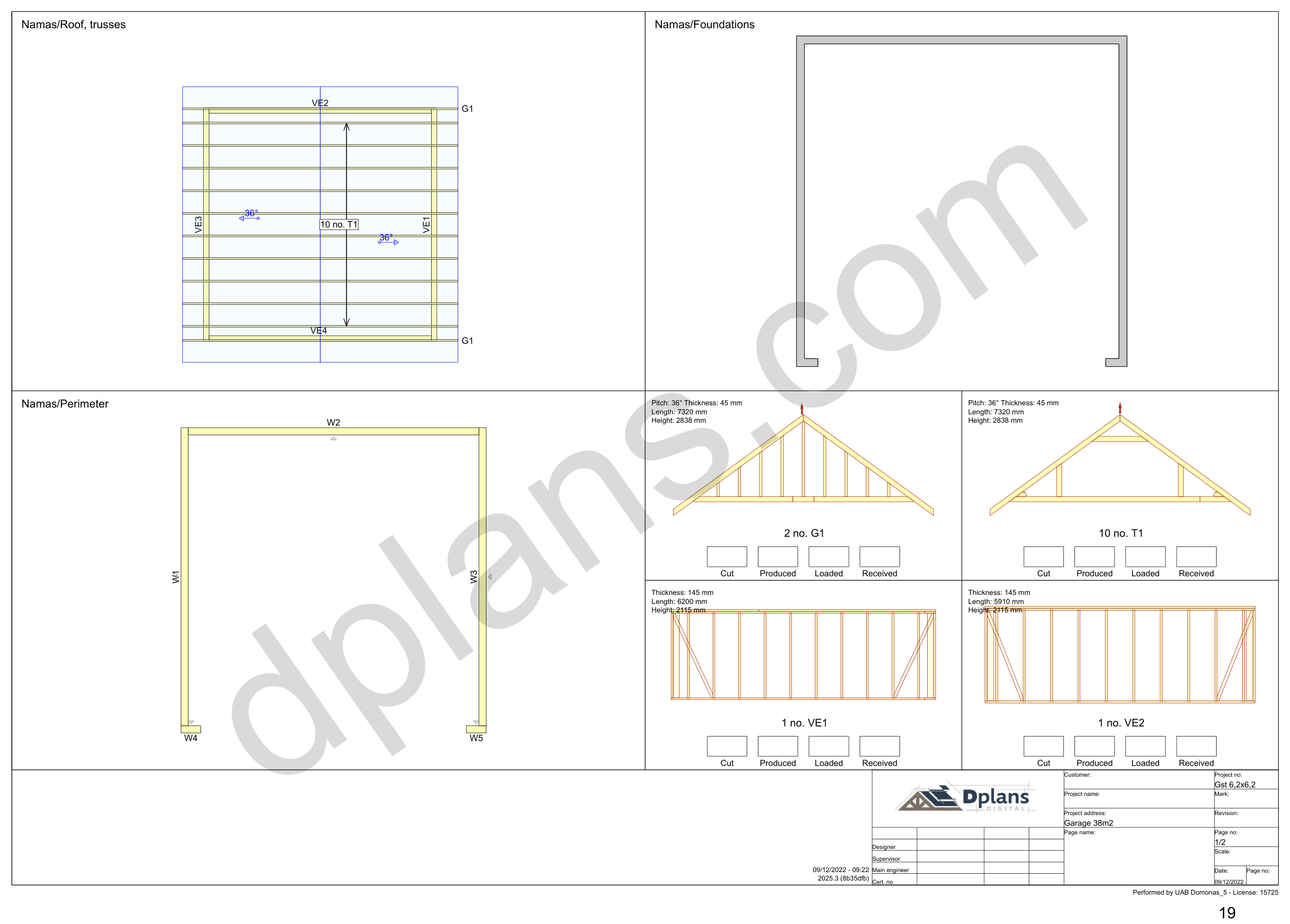 20x20 garage plans, overview sheet with the truss plan, foundation, perimeter and wall panels (metric, mm)