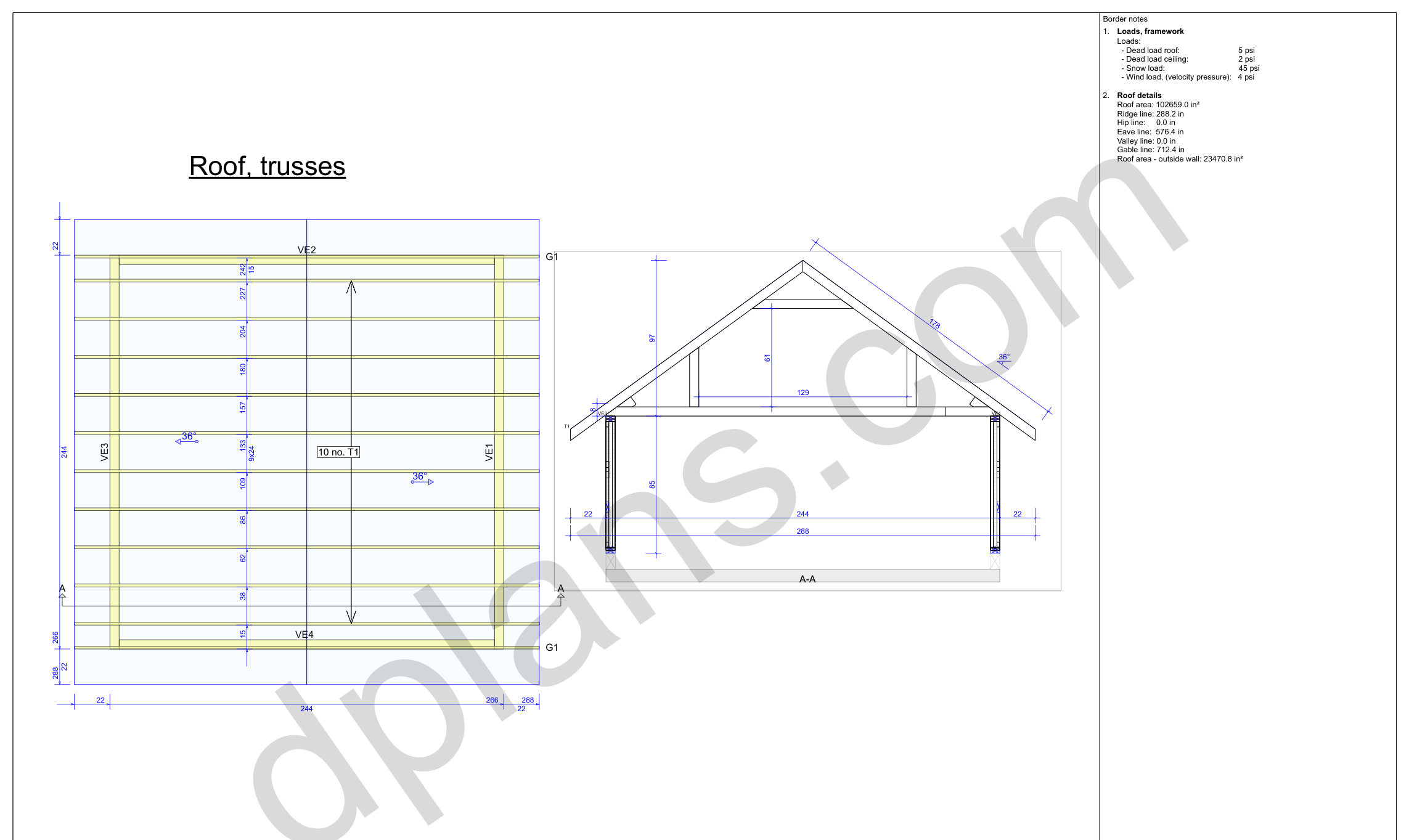 20x20 garage plans, roof truss layout plan and cross section with wall and ridge heights (imperial, inches)