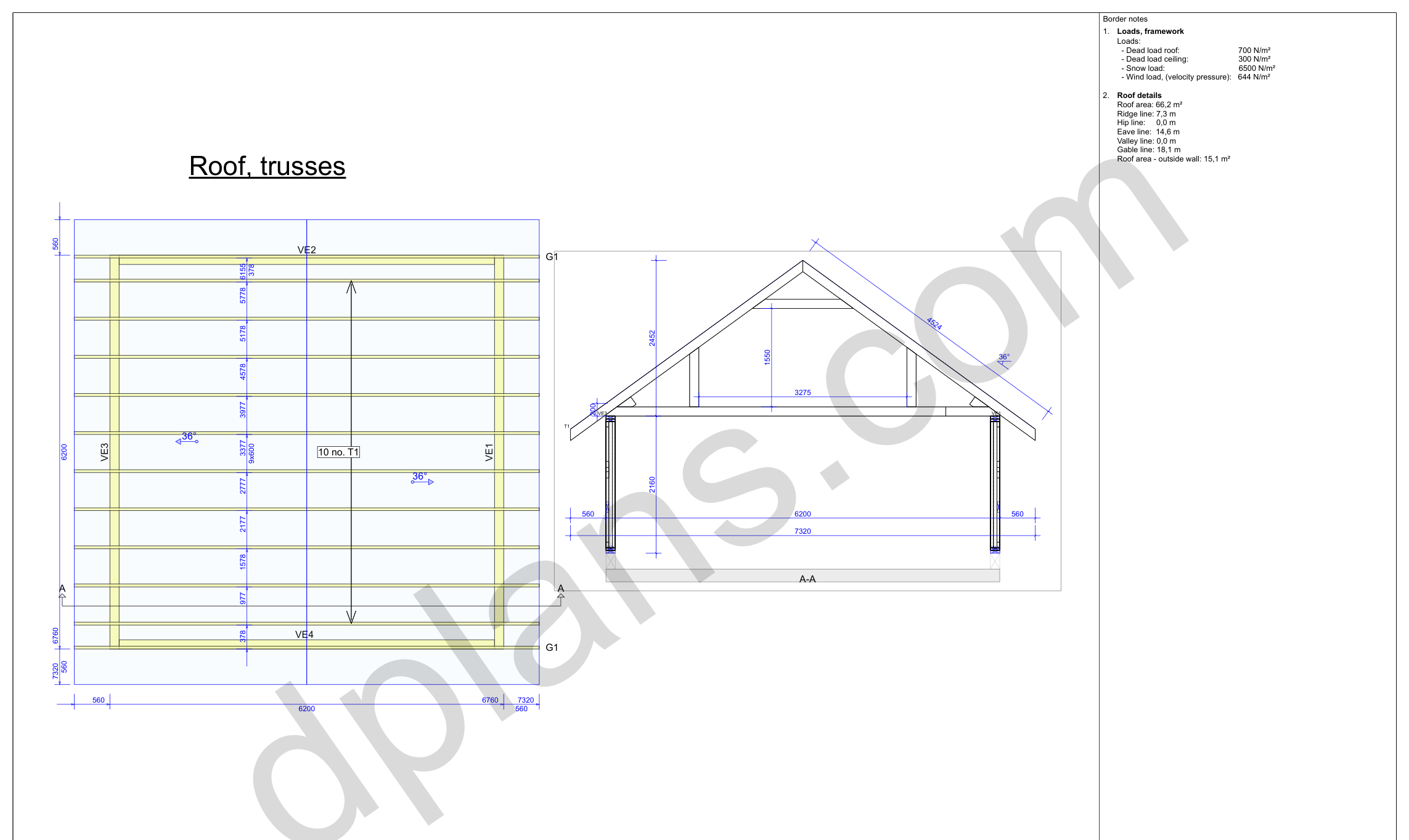 20x20 garage plans, roof truss layout plan and cross section with wall and ridge heights (metric, mm)