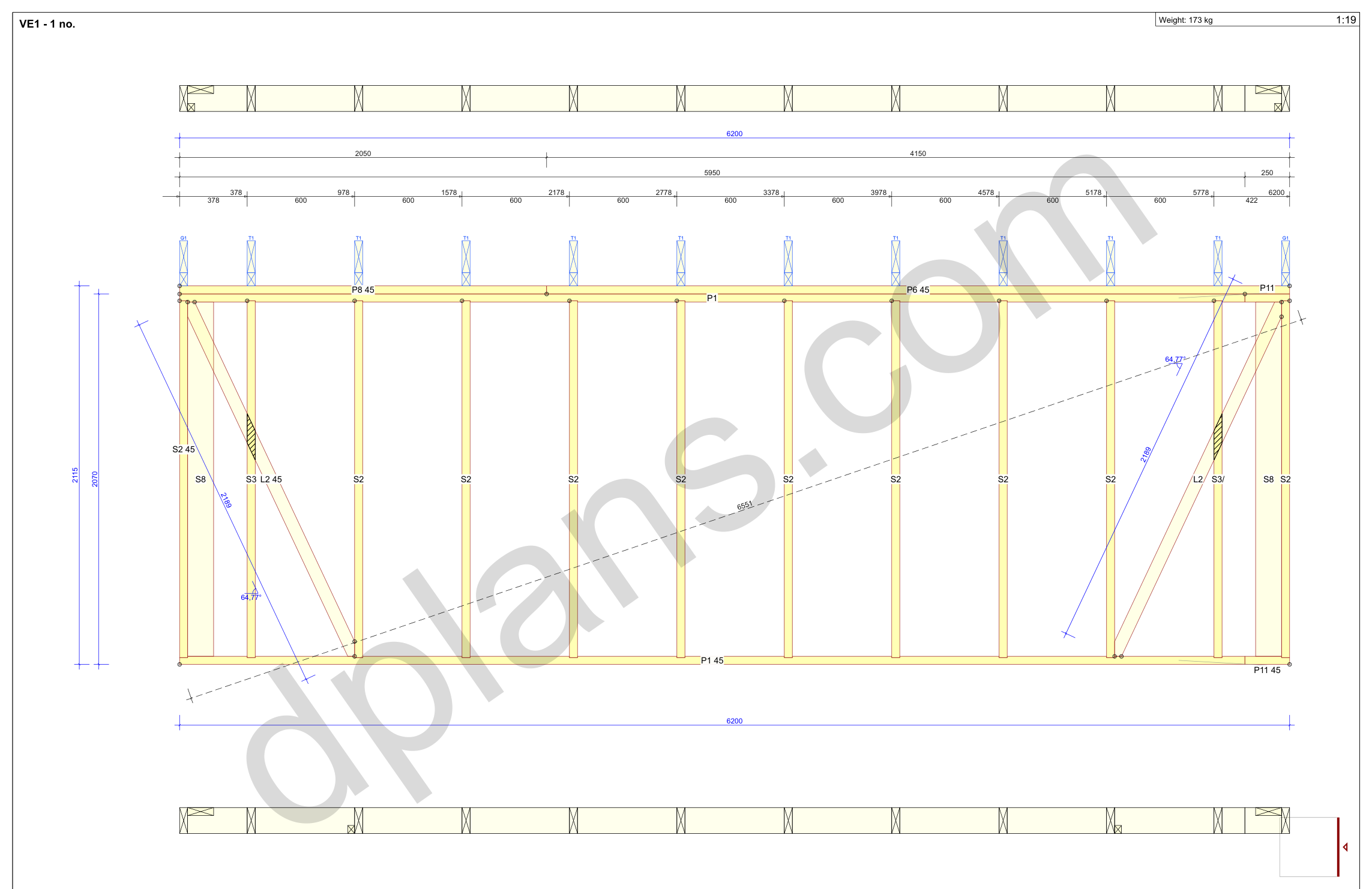 20x20 garage plans, wall panel framing elevation with stud spacing and the cut list (metric, mm)