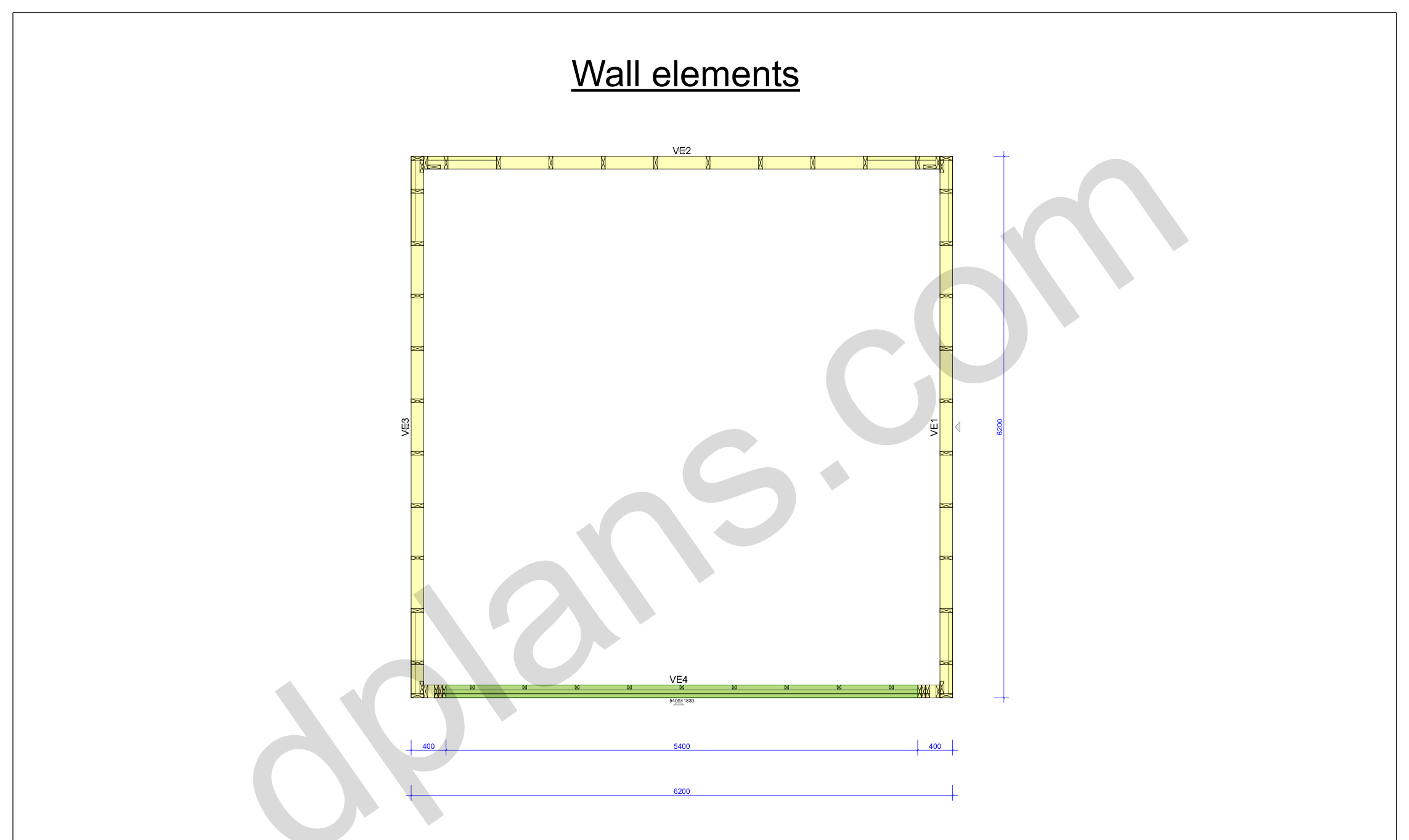 20x20 garage plans, wall layout plan with the four wall panels and the door opening (metric, mm)
