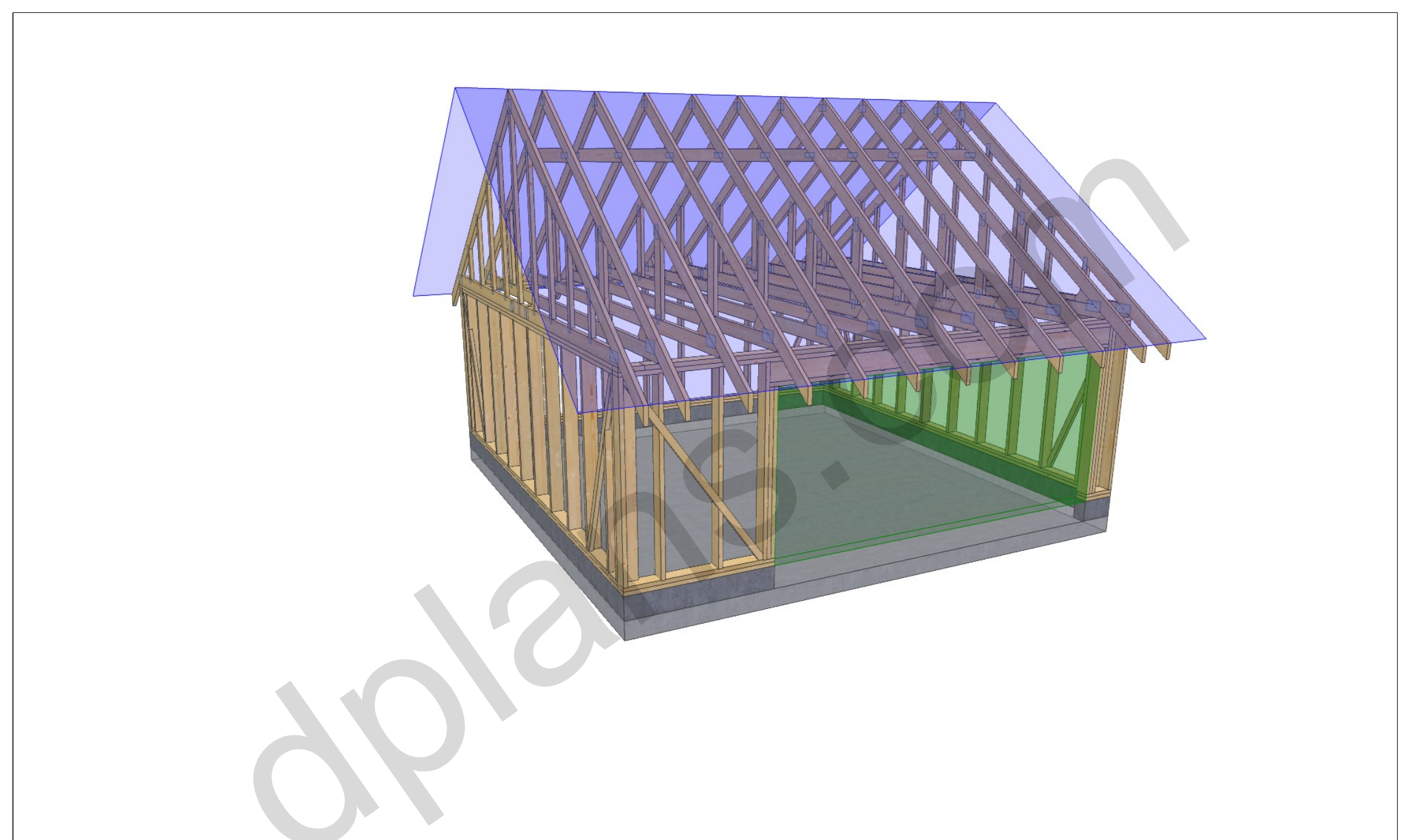 20x20 garage plans, 3D framing view of the stud walls, bracing and roof trusses over the slab