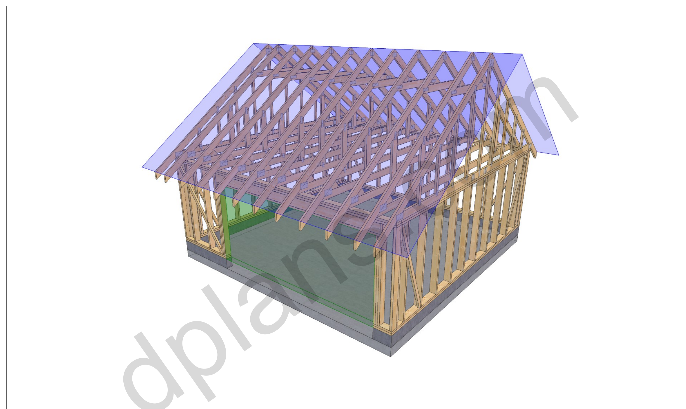 20x20 garage plans, 3D model of the timber frame garage with roof trusses on a concrete slab