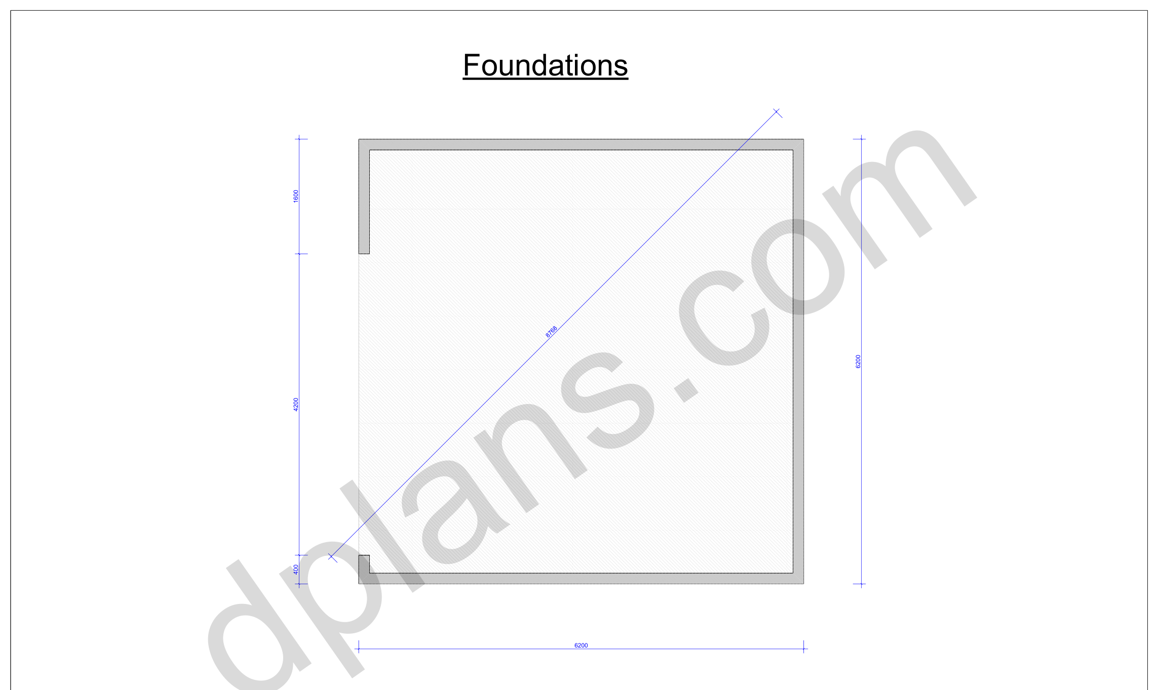 20x20 garage plans, foundation plan with the concrete slab outline and diagonal check (metric, mm)