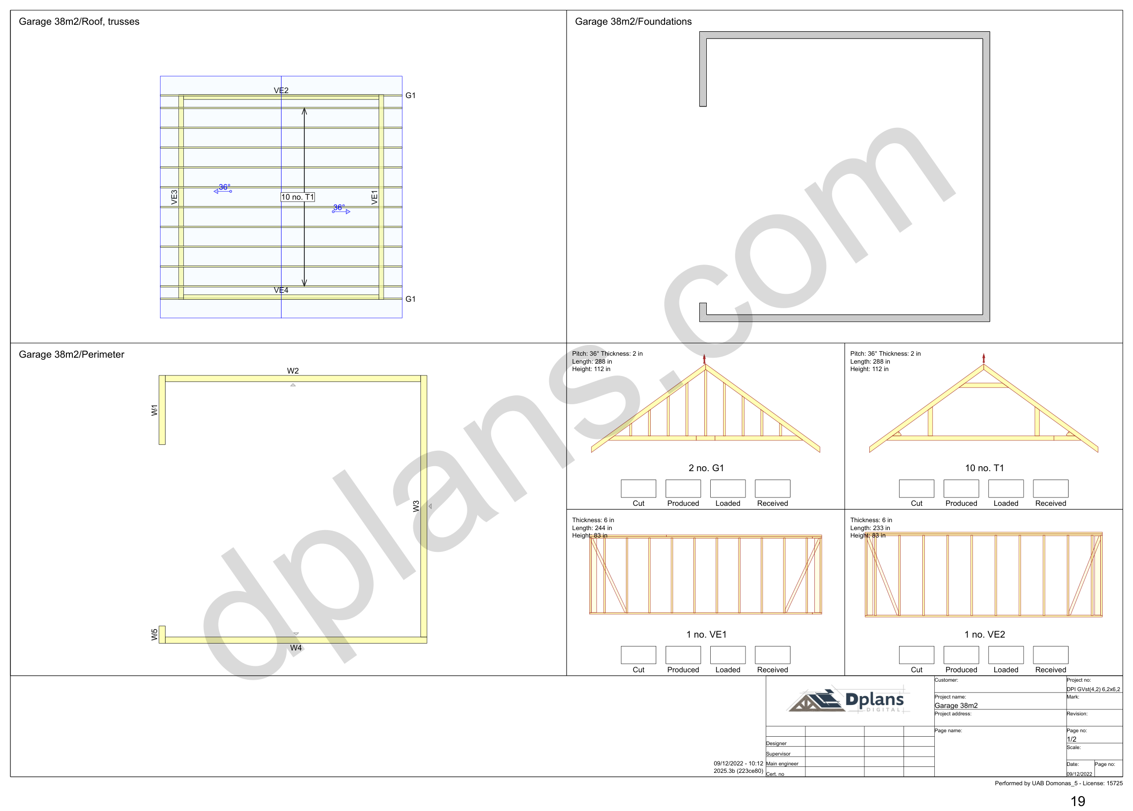 20x20 garage plans, overview sheet with the truss plan, foundation, perimeter and wall panels (imperial, inches)