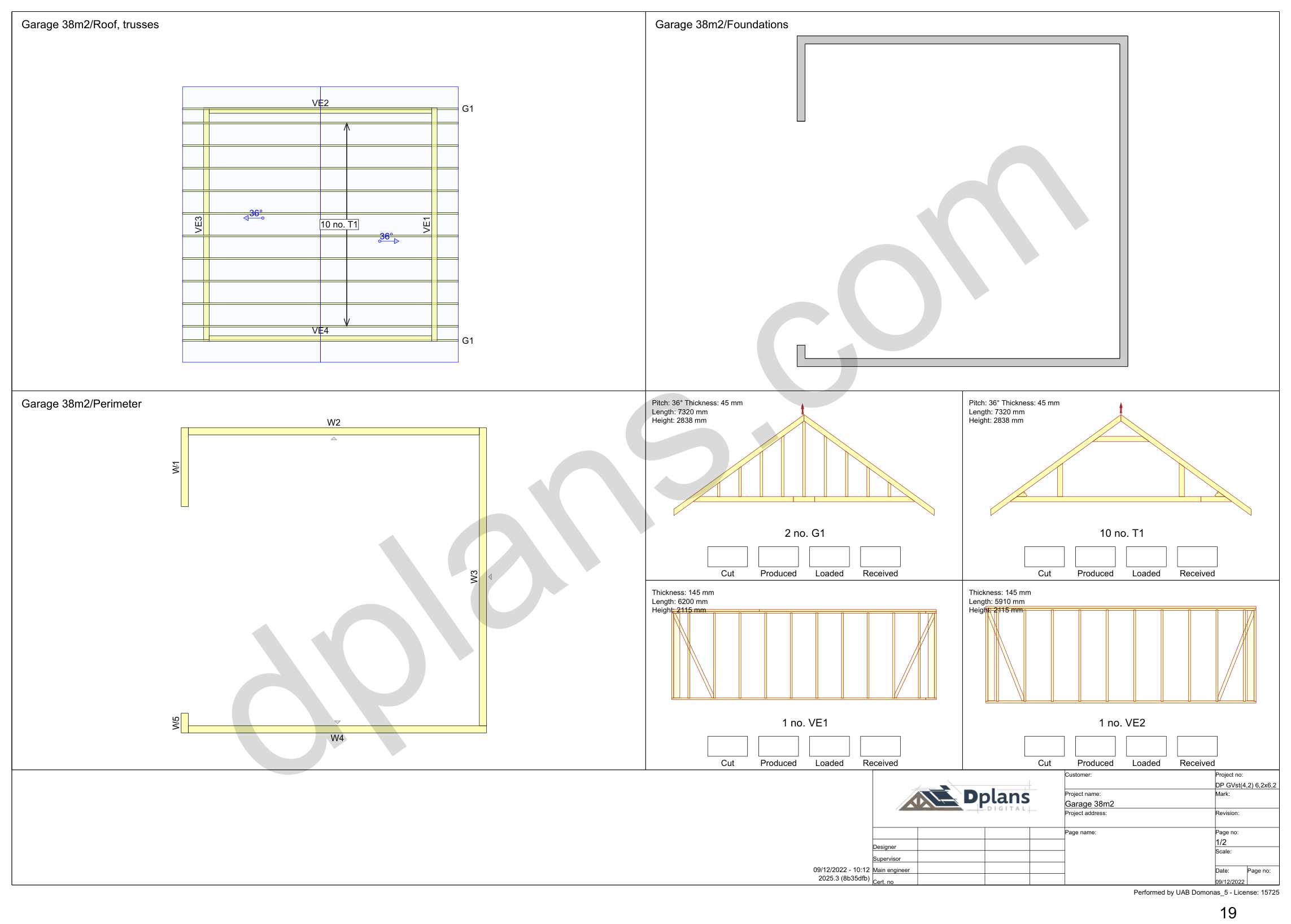 20x20 garage plans, overview sheet with the truss plan, foundation, perimeter and wall panels (metric, mm)