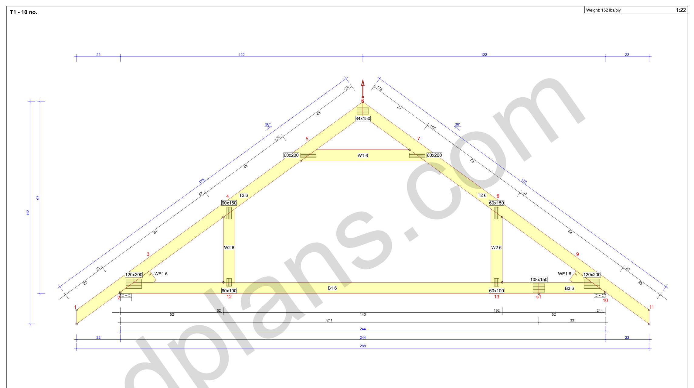 20x20 garage plans, roof truss drawing with chord and web sizes and the cutting list (imperial, inches)