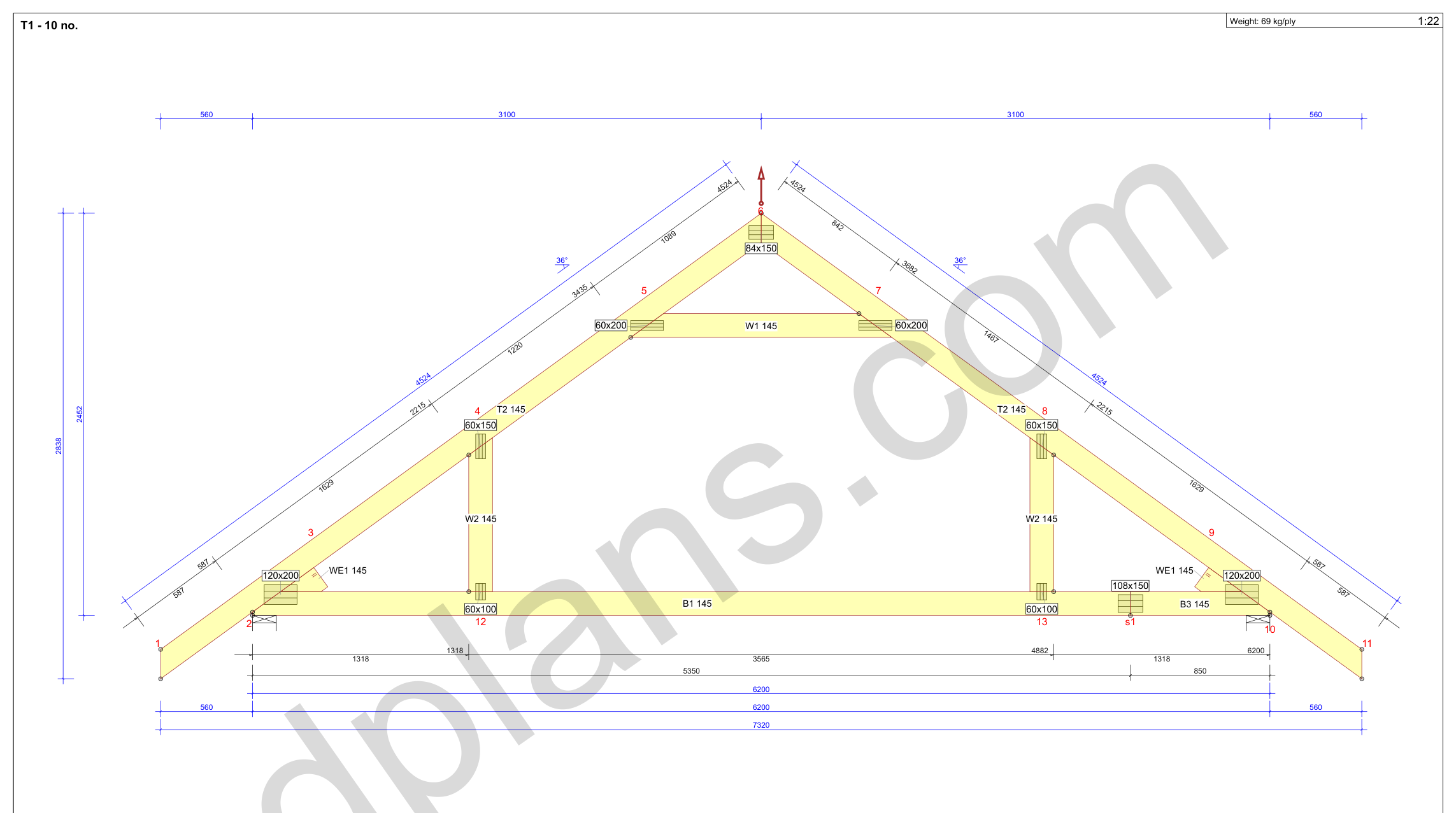 20x20 garage plans, roof truss drawing with chord and web sizes and the cutting list (metric, mm)