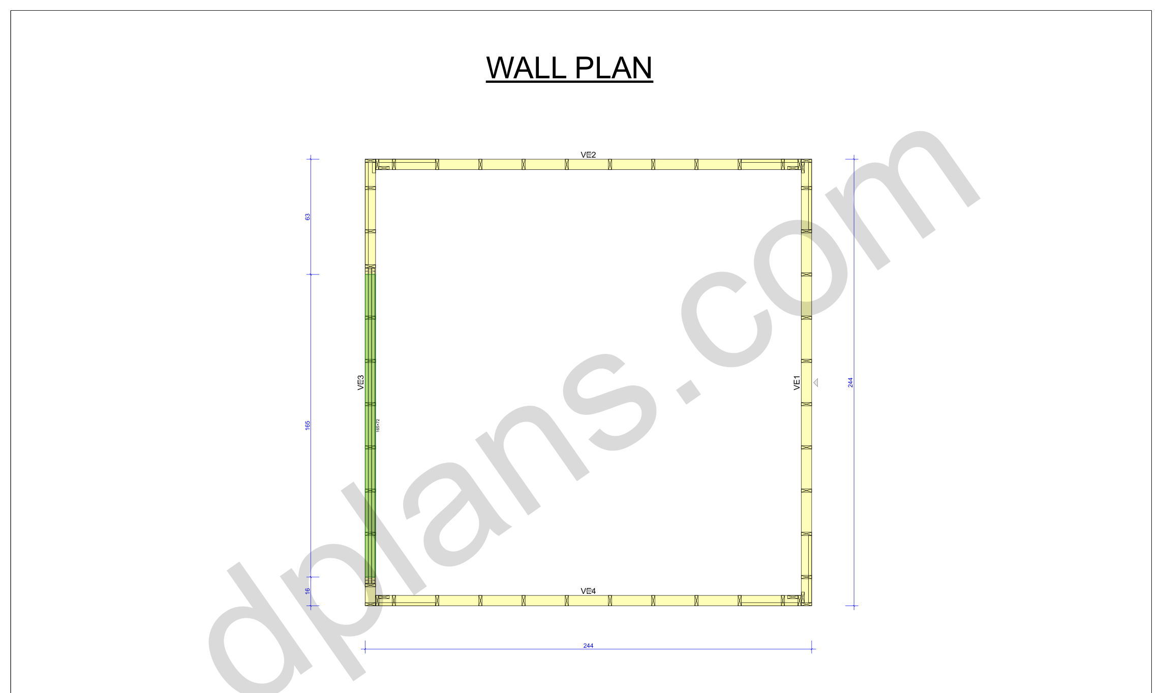 20x20 garage plans, wall layout plan with the four wall panels and the door opening (imperial, inches)