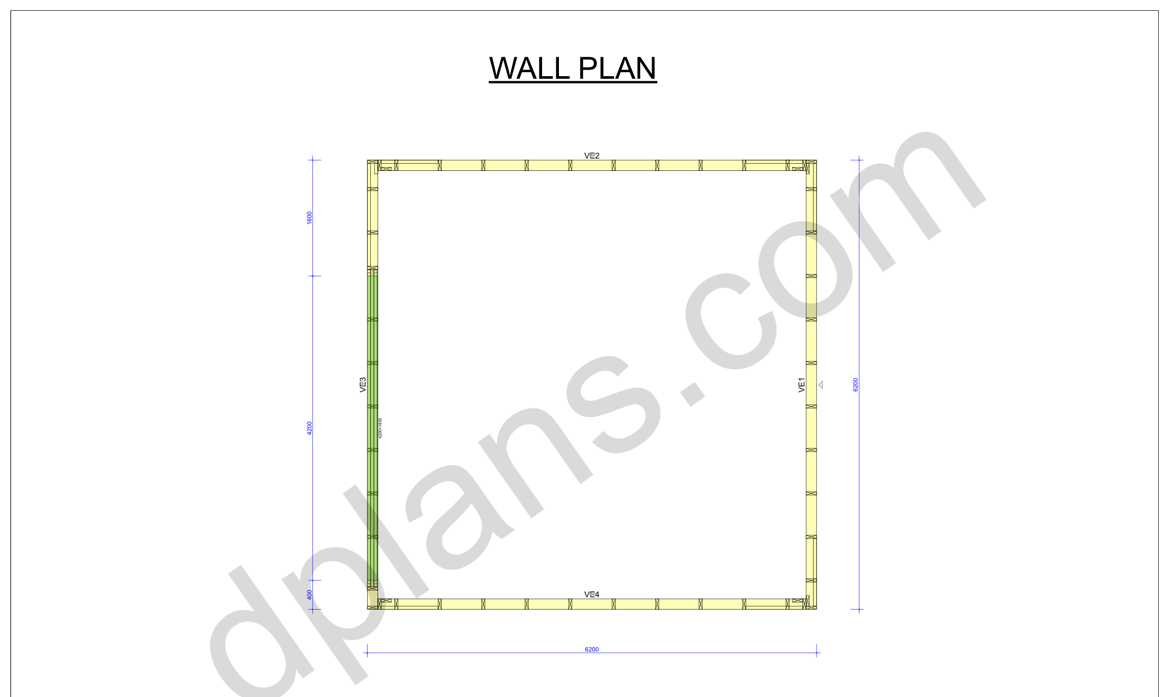 20x20 garage plans, wall layout plan with the four wall panels and the door opening (metric, mm)