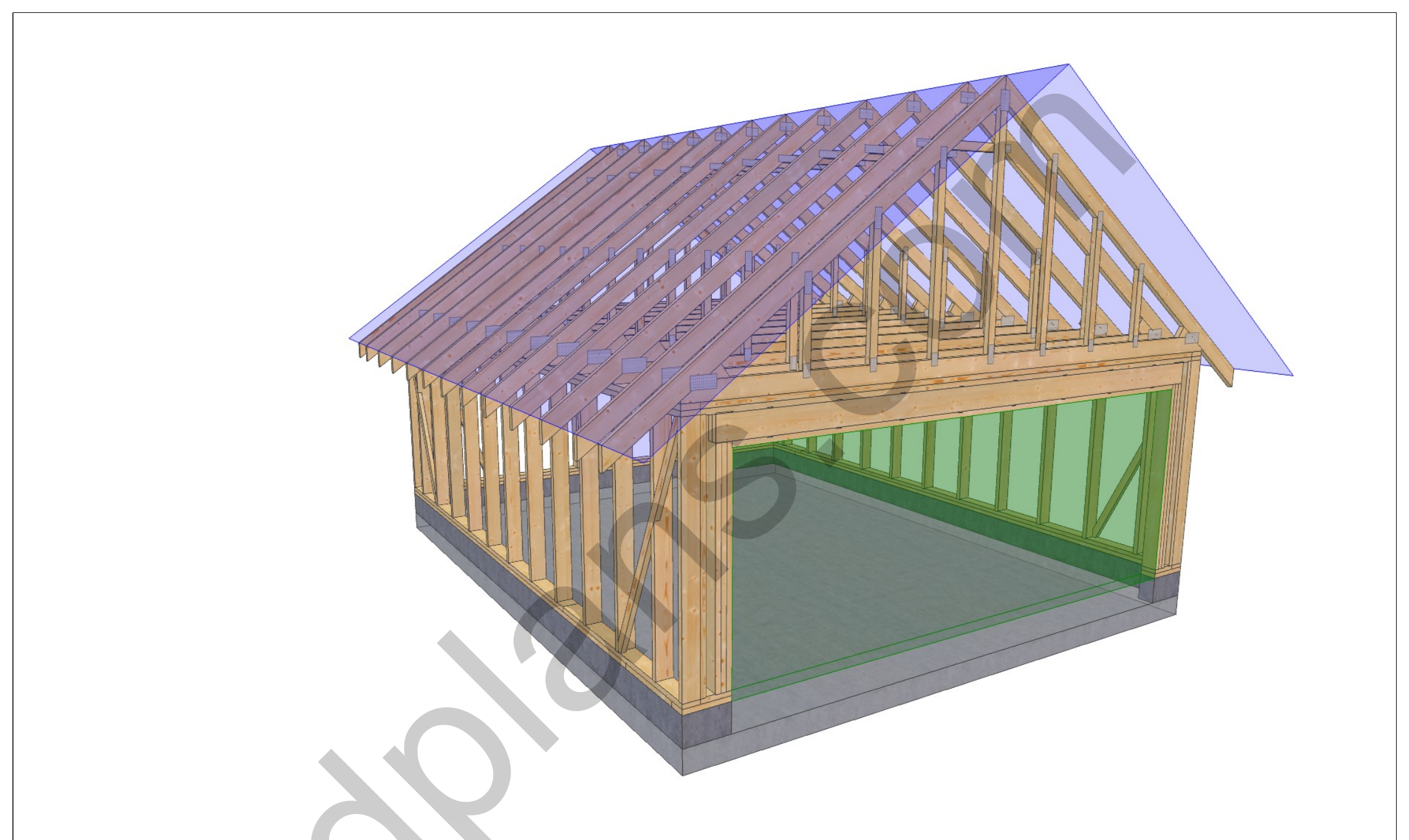 22x18 attic truss garage plans, 3D corner view of the timber frame with the 16 ft end door opening
