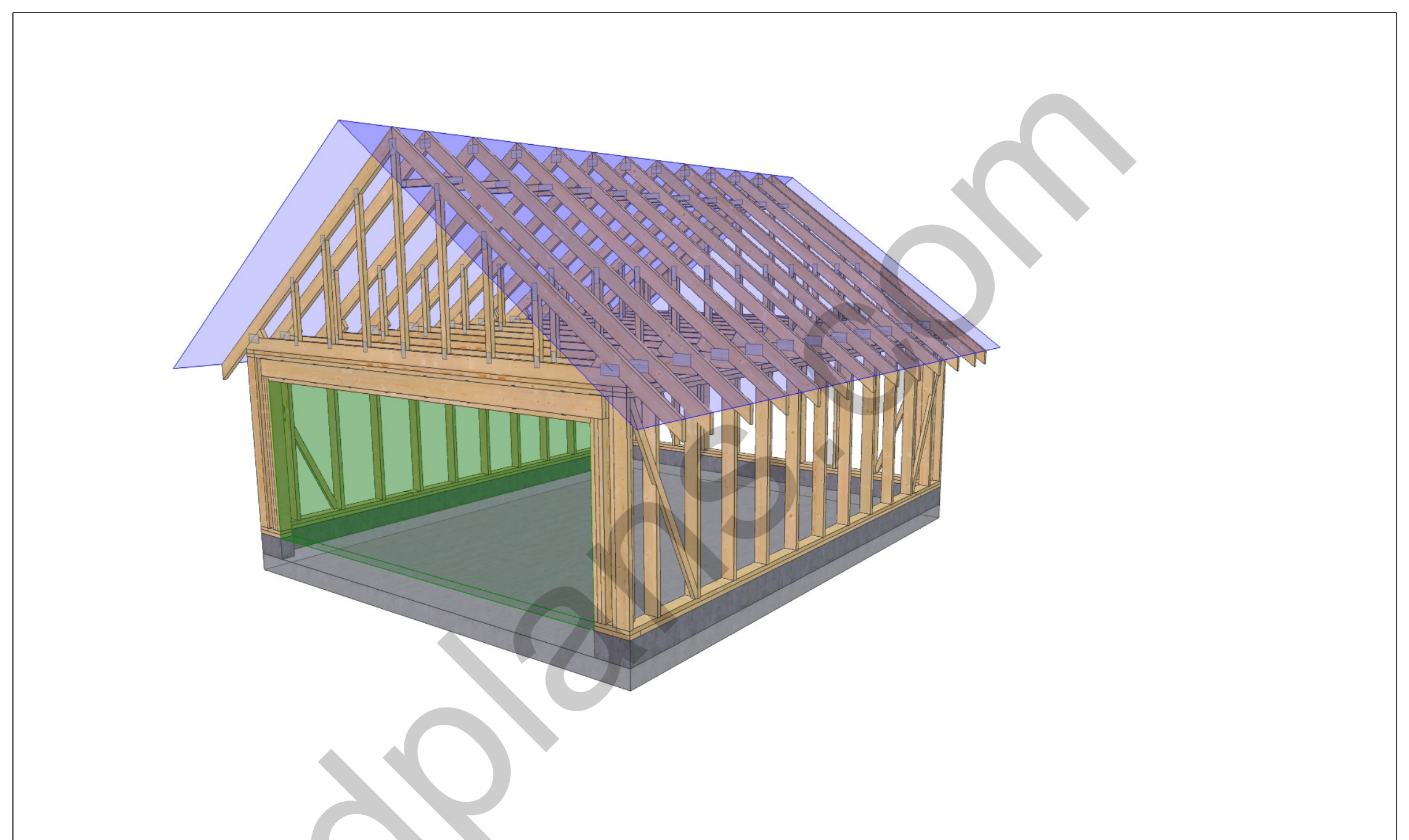 22x18 attic truss garage plans, 3D front view of the gable end door opening and attic trusses