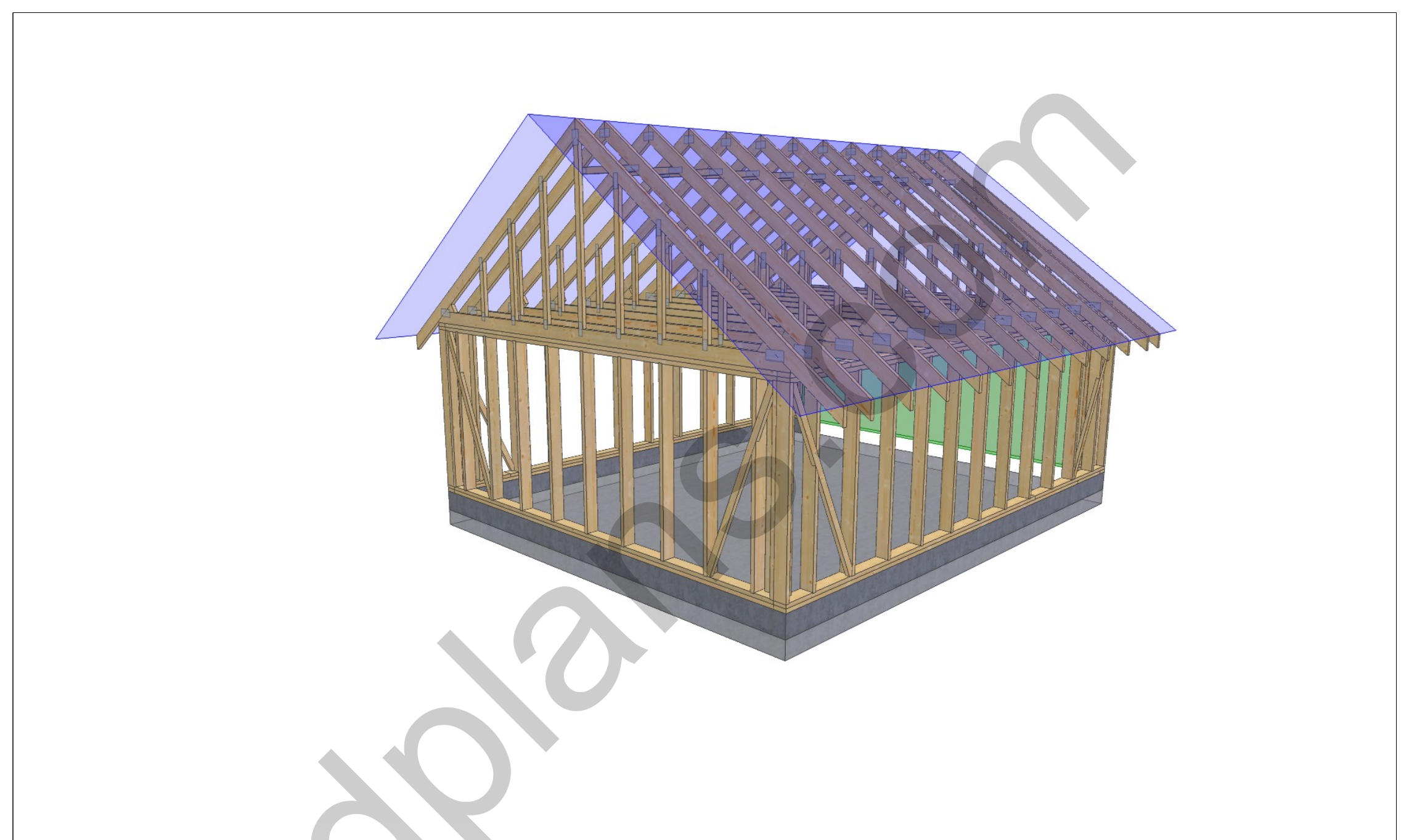 22x18 attic truss garage plans, 3D rear view of the closed gable end, stud walls and roof trusses