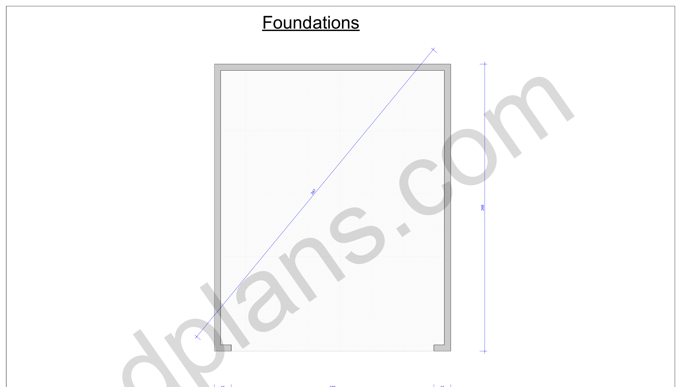 22x18 garage plans, foundation plan with the concrete slab outline and diagonal check (imperial, inches)