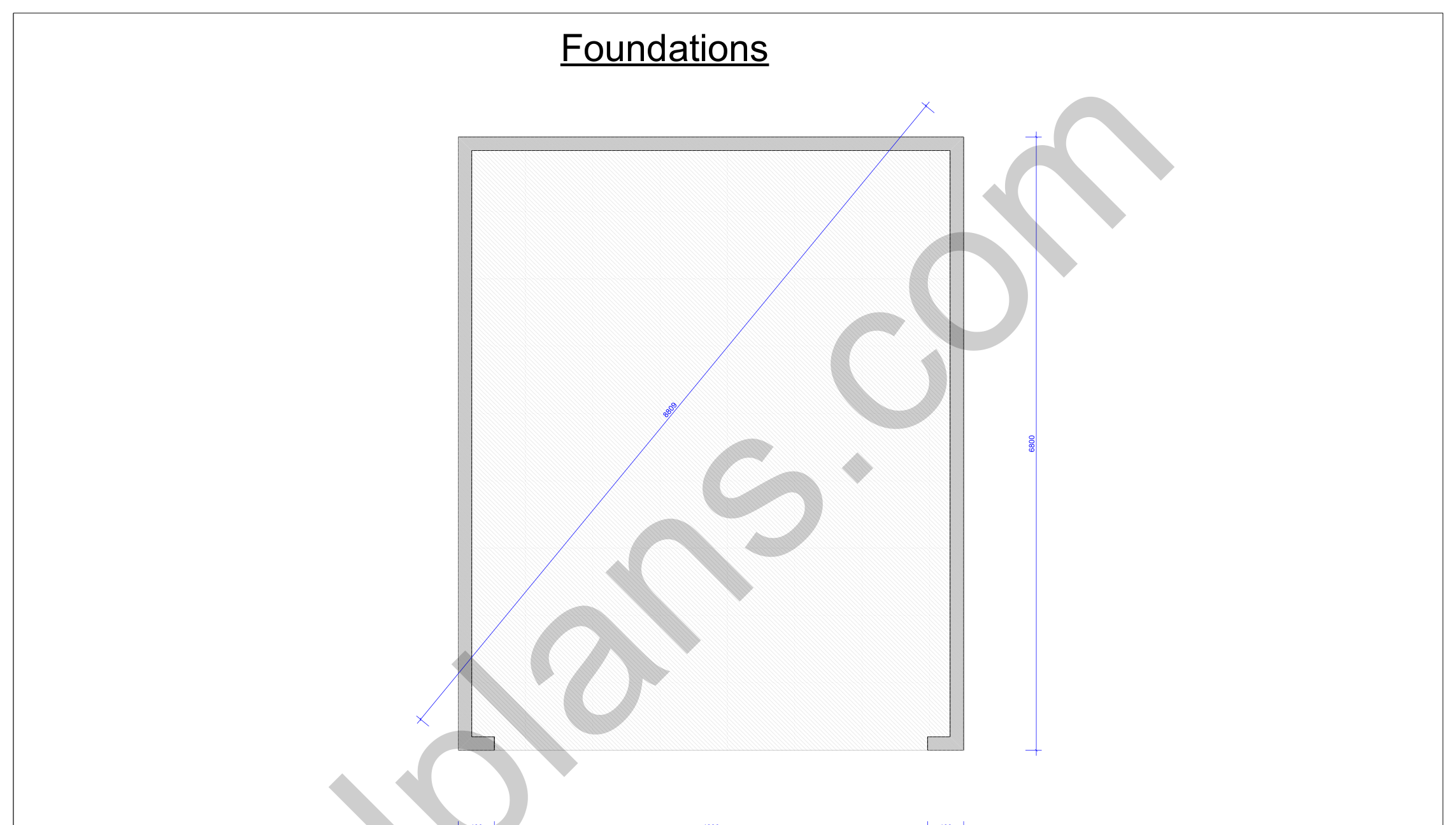 22x18 garage plans, foundation plan with the concrete slab outline and diagonal check (metric, mm)