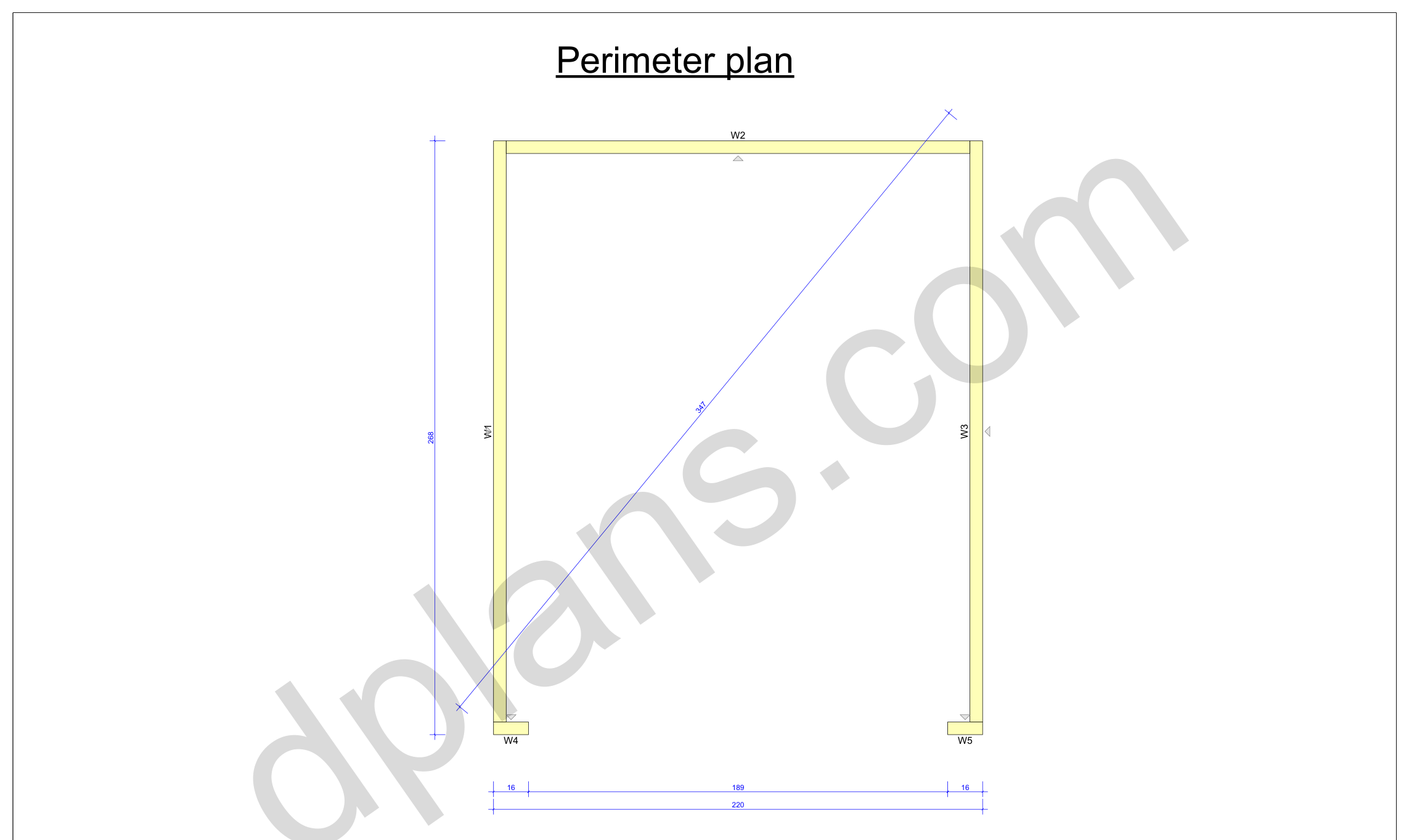 22x18 garage plans, perimeter plan with the wall plates, door opening and diagonal check (imperial, inches)