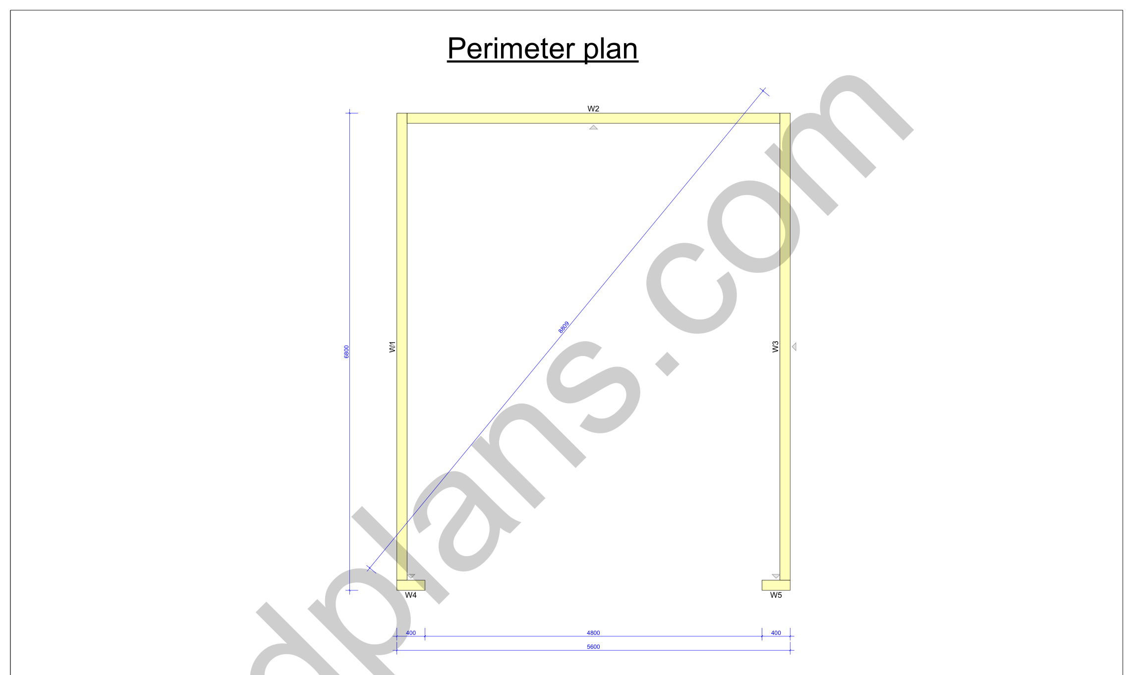 22x18 garage plans, perimeter plan with the wall plates, door opening and diagonal check (metric, mm)