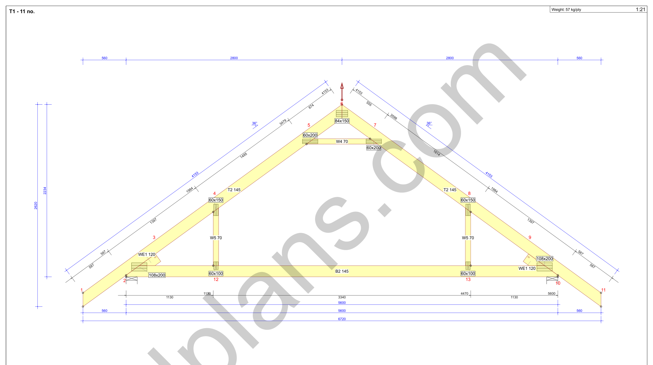 22x18 garage plans, roof truss drawing with chord and web sizes and the cutting list (metric, mm)