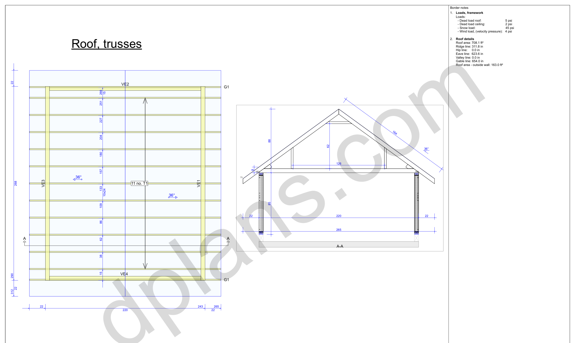 22x18 garage plans, roof truss layout plan and cross section with wall and ridge heights (imperial, inches)