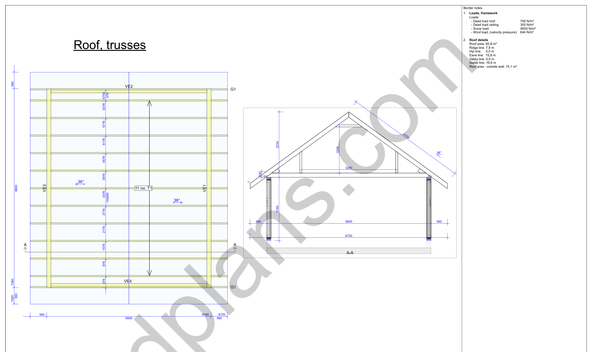 22x18 garage plans, roof truss layout plan and cross section with wall and ridge heights (metric, mm)