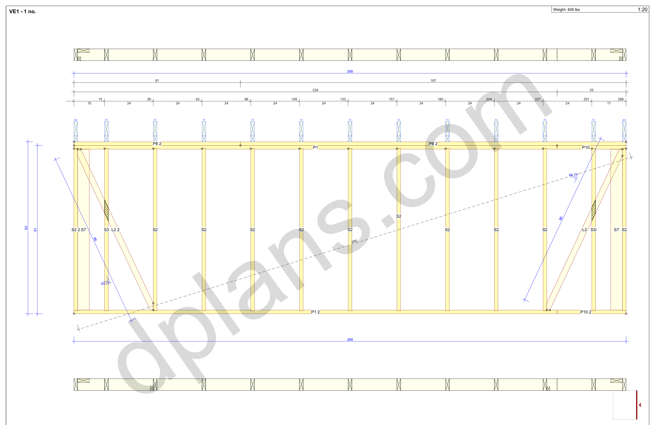 22x18 garage plans, wall panel framing elevation with stud spacing and the cut list (imperial, inches)
