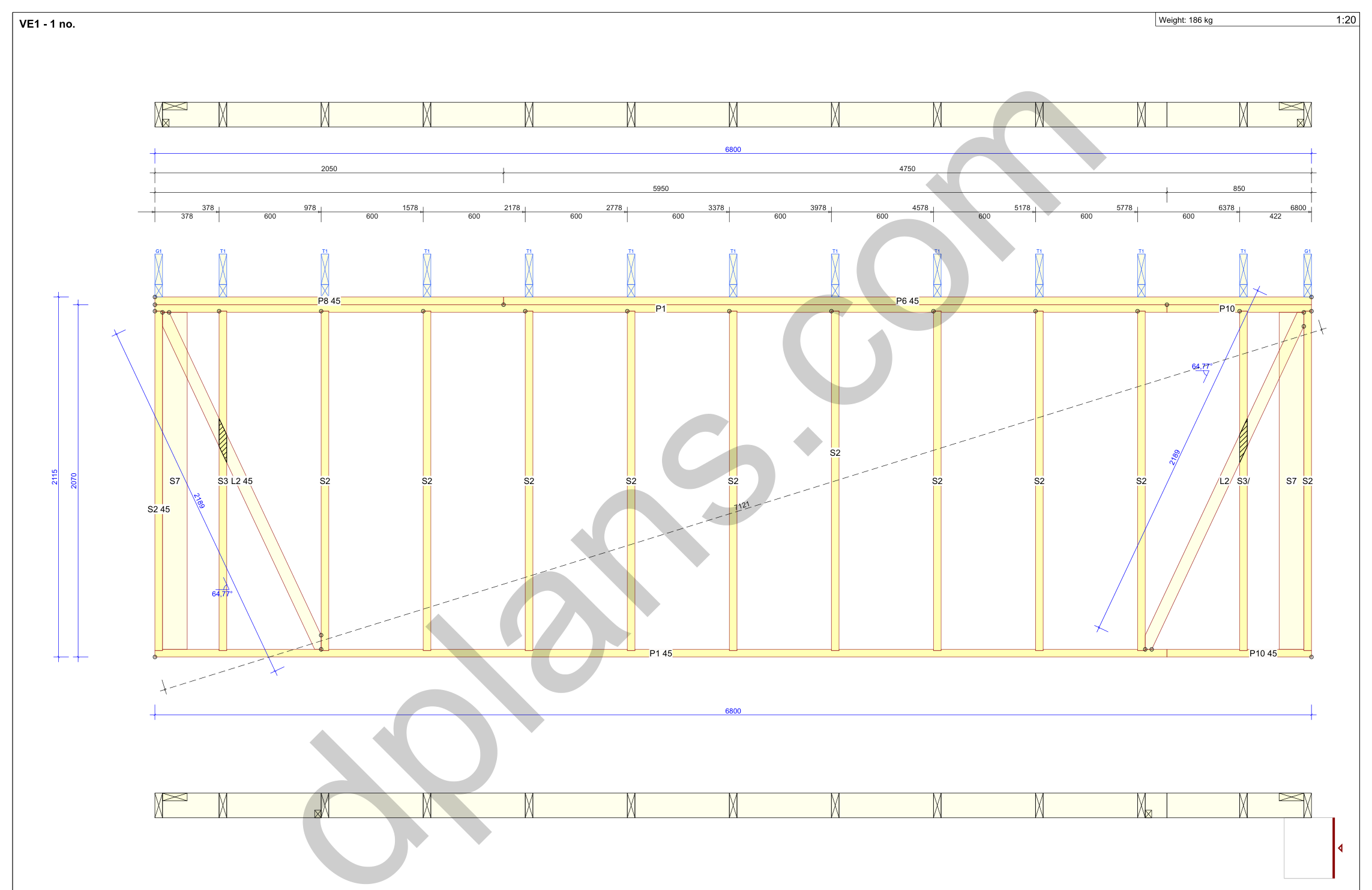 22x18 garage plans, wall panel framing elevation with stud spacing and the cut list (metric, mm)
