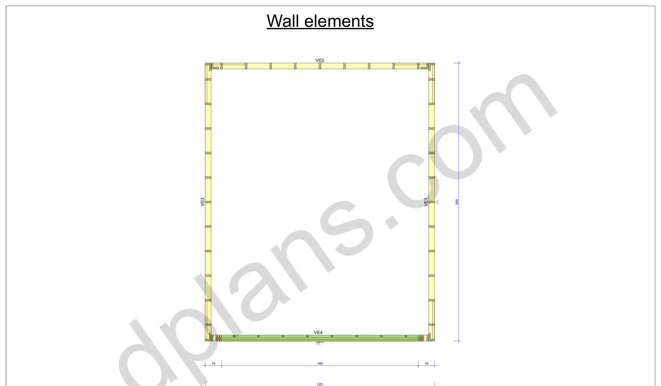 22x18 garage plans, wall layout plan with the four wall panels and the door opening (imperial, inches)