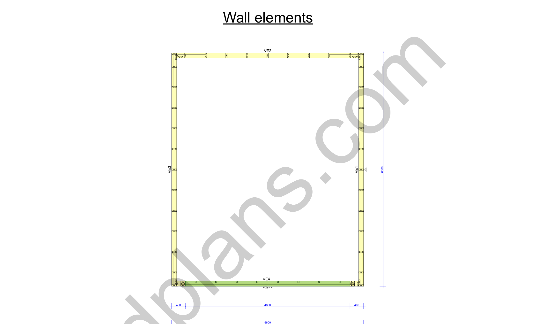 22x18 garage plans, wall layout plan with the four wall panels and the door opening (metric, mm)