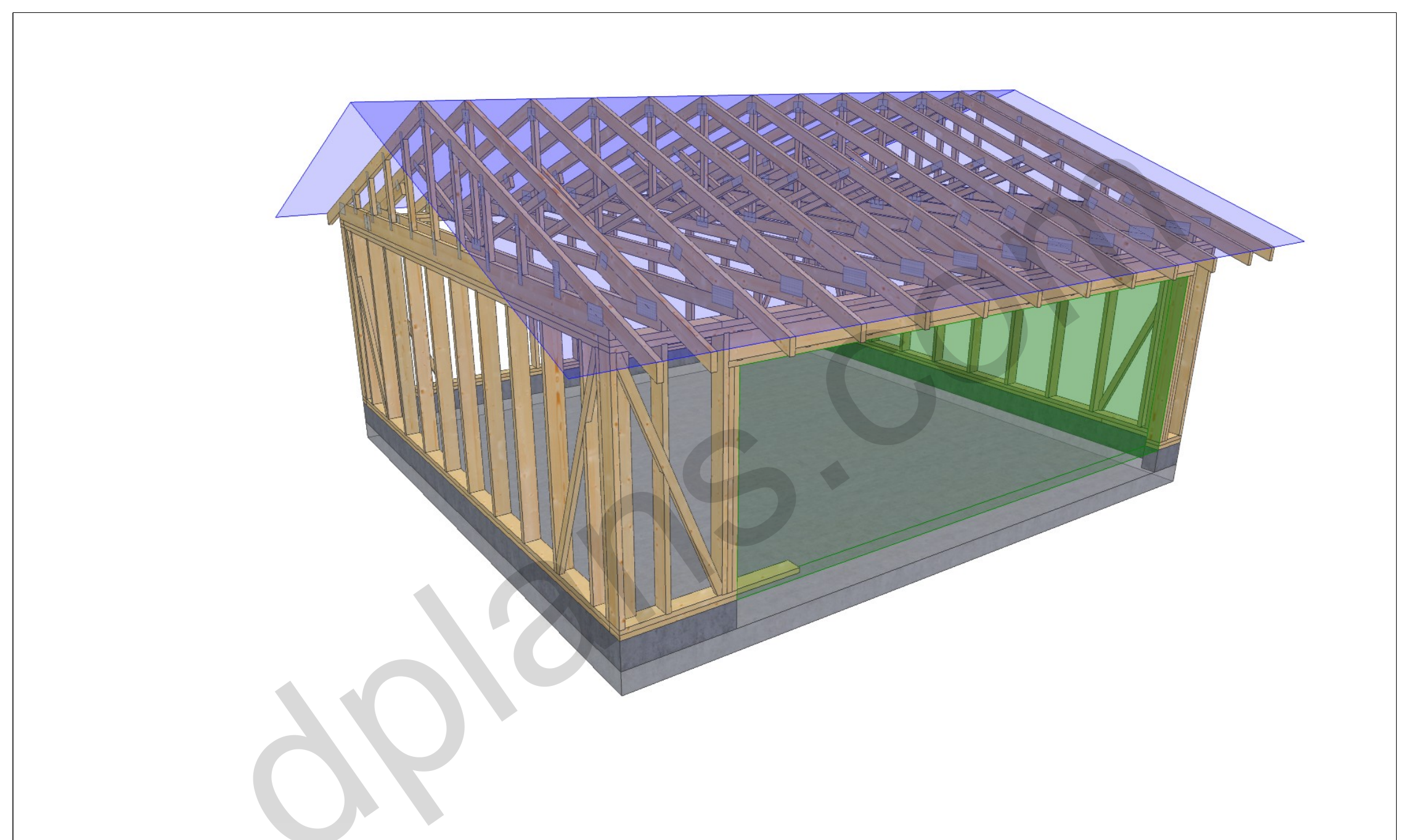 22x20 garage plans, 3D framing view of the stud walls, bracing and roof trusses over the slab