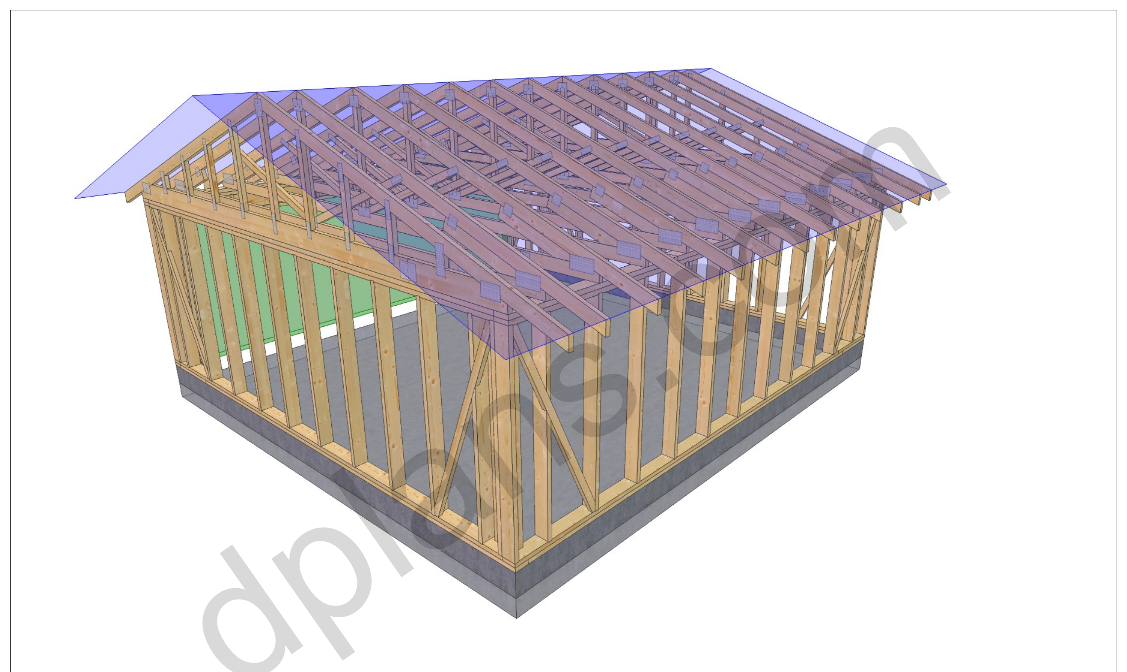 22x20 garage plans, 3D model of the timber frame garage with roof trusses on a concrete slab