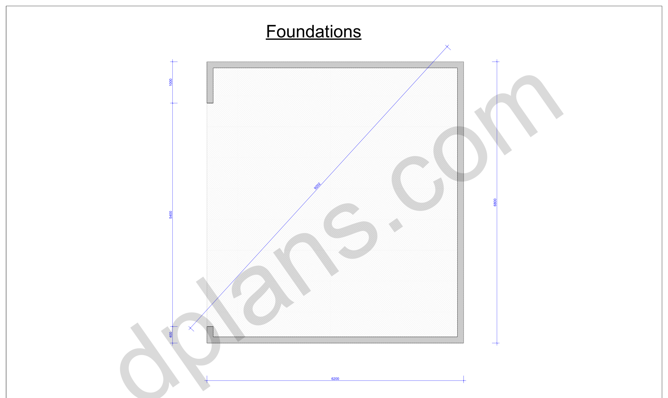 22x20 garage plans, foundation plan with the concrete slab outline and diagonal check (metric, mm)