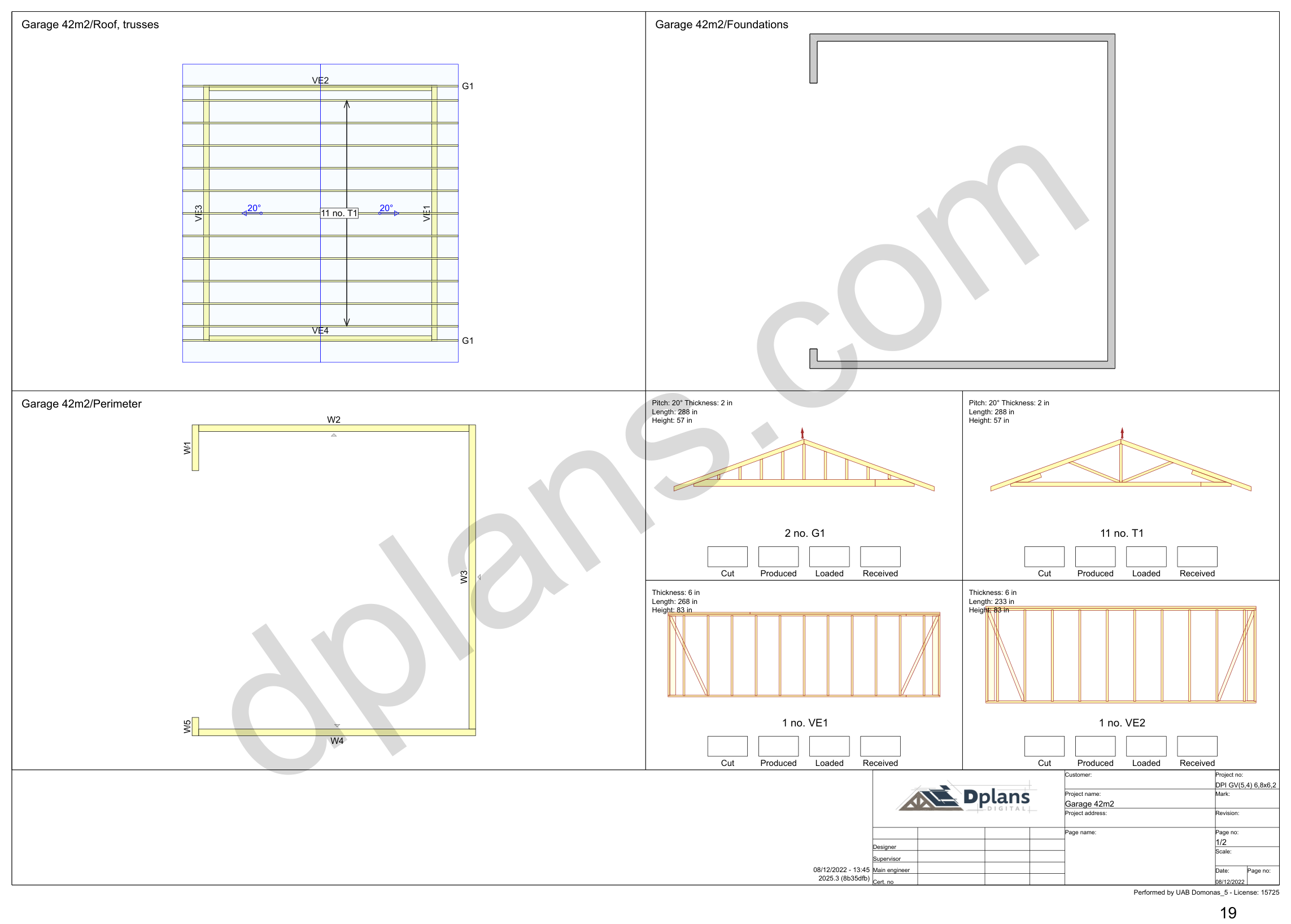 22x20 garage plans, overview sheet with the truss plan, foundation, perimeter and wall panels (imperial, inches)