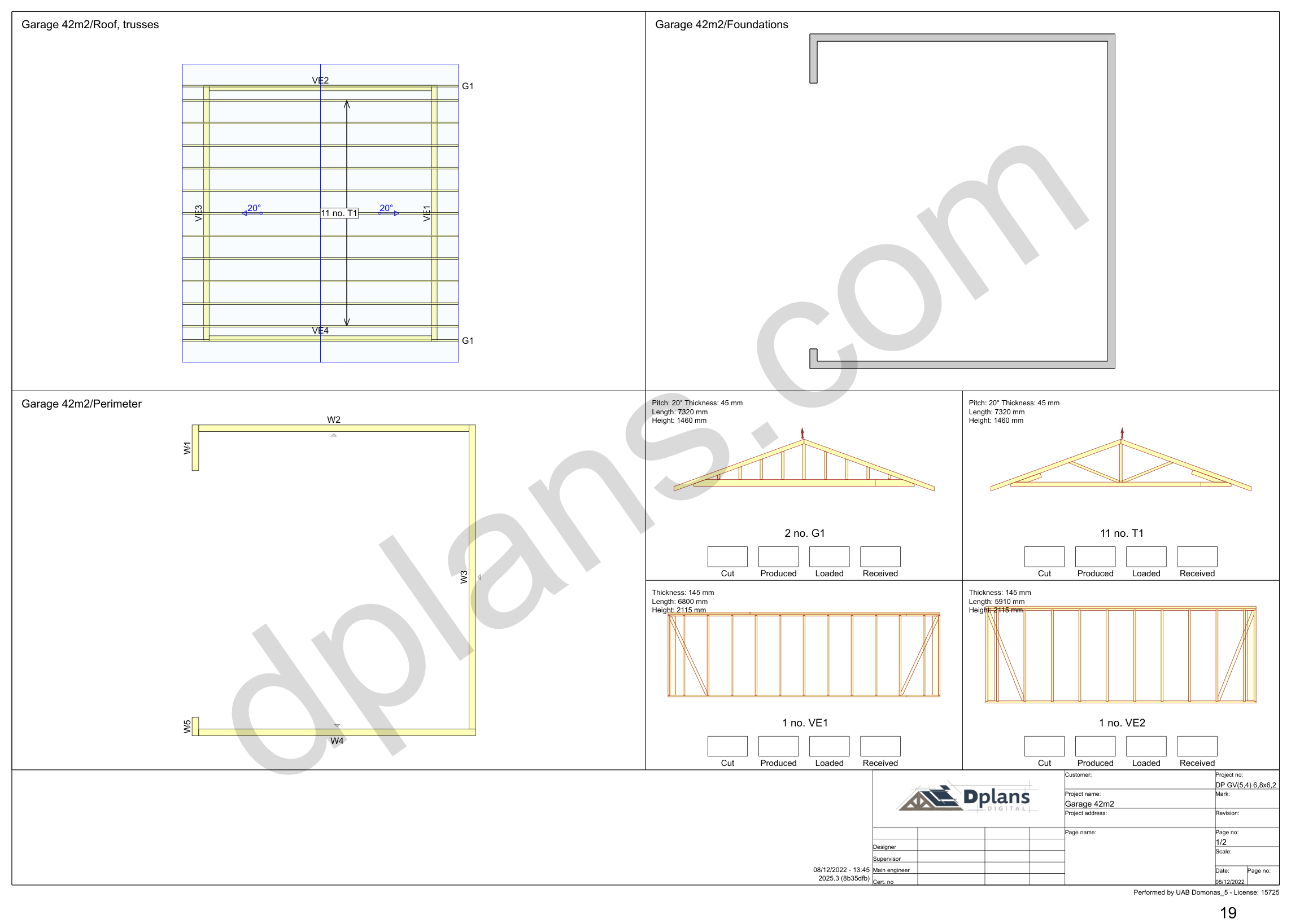 22x20 garage plans, overview sheet with the truss plan, foundation, perimeter and wall panels (metric, mm)