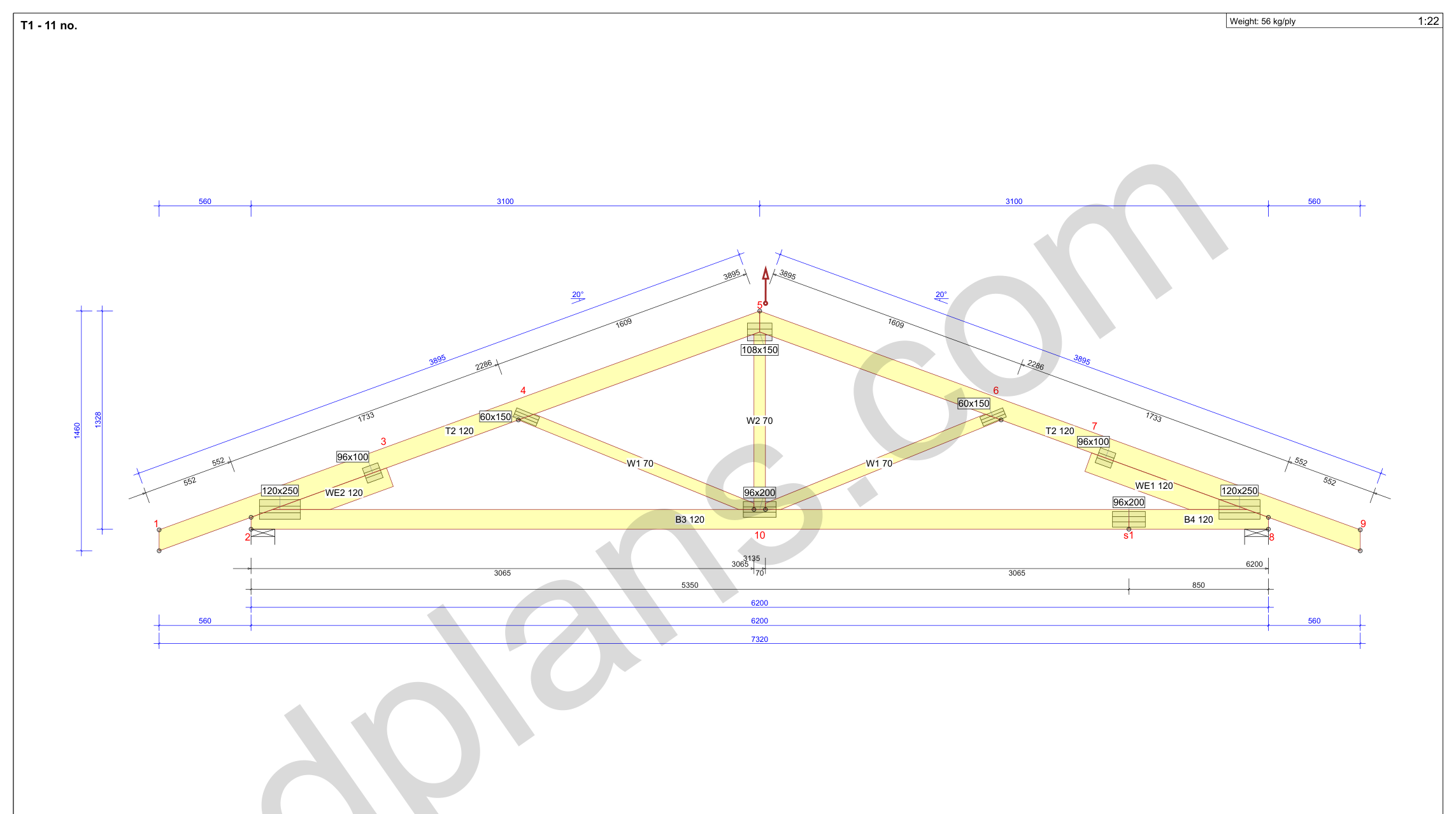 22x20 garage plans, roof truss drawing with chord and web sizes and the cutting list (metric, mm)