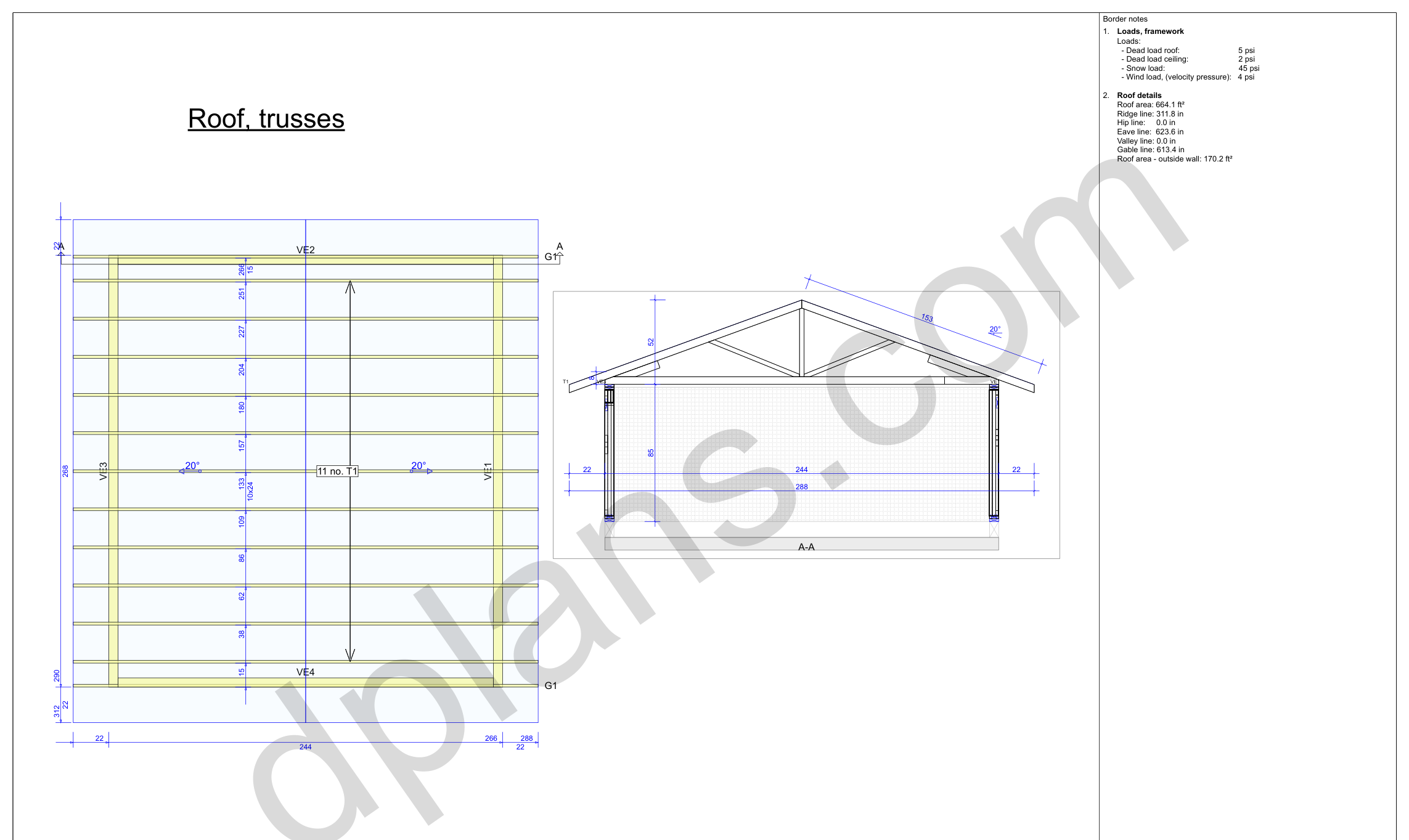 22x20 garage plans, roof truss layout plan and cross section with wall and ridge heights (imperial, inches)