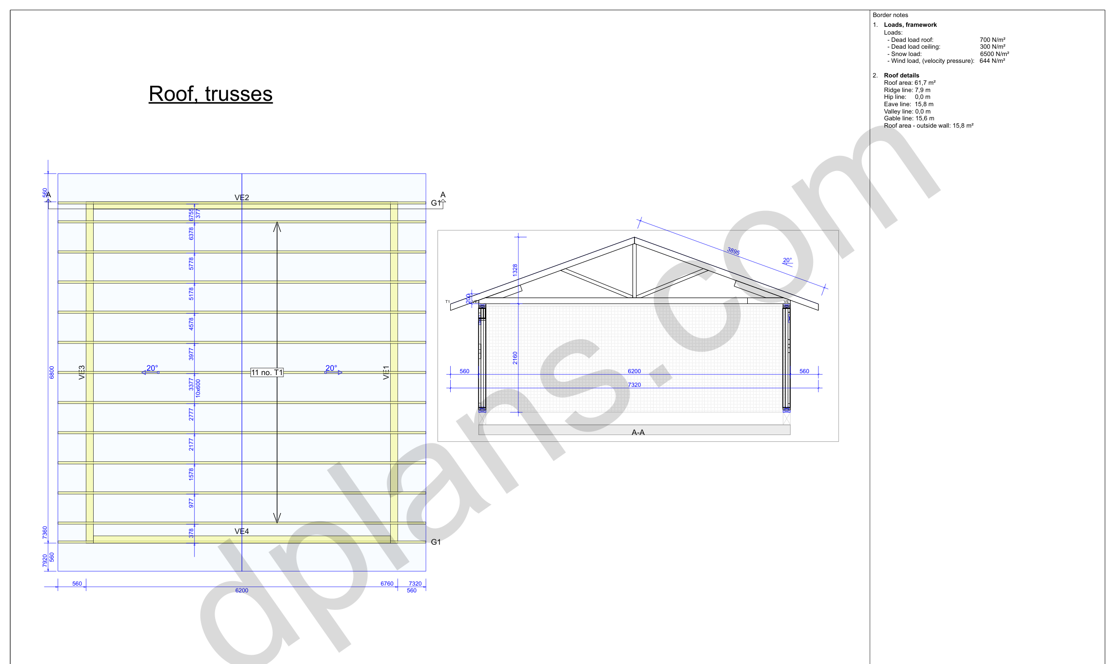 22x20 garage plans, roof truss layout plan and cross section with wall and ridge heights (metric, mm)