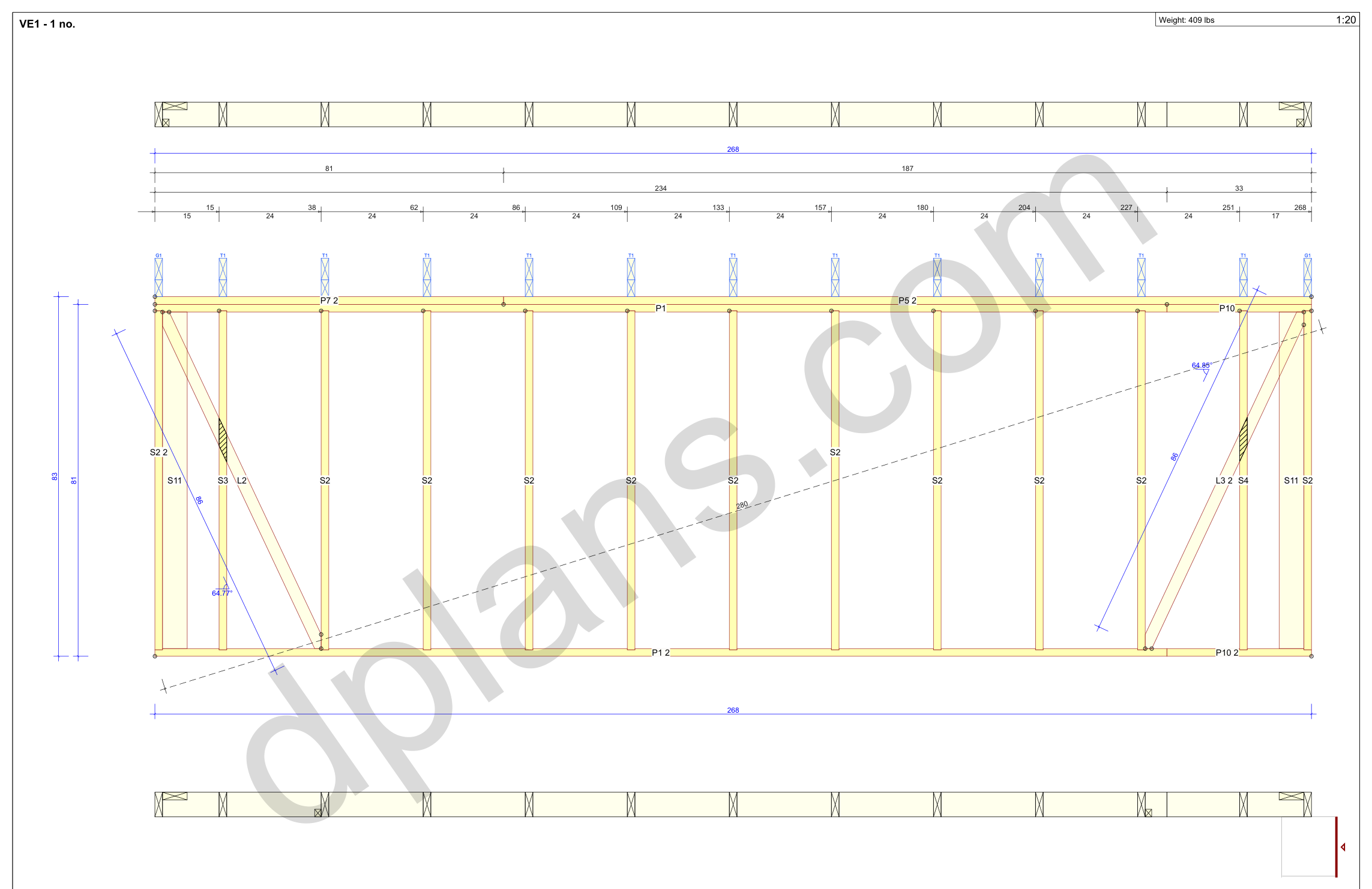 22x20 garage plans, wall panel framing elevation with stud spacing and the cut list (imperial, inches)