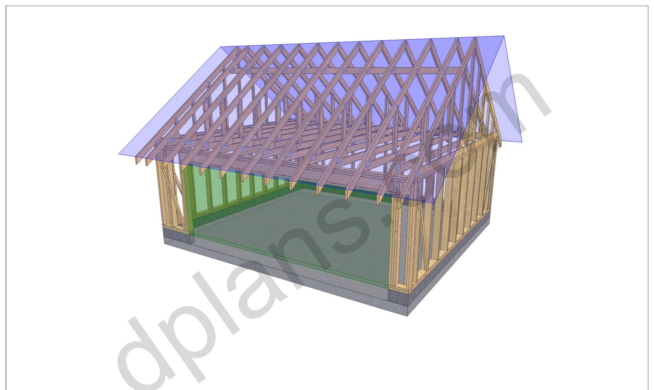 22x20 garage plans, 3D framing view of the stud walls, bracing and roof trusses over the slab