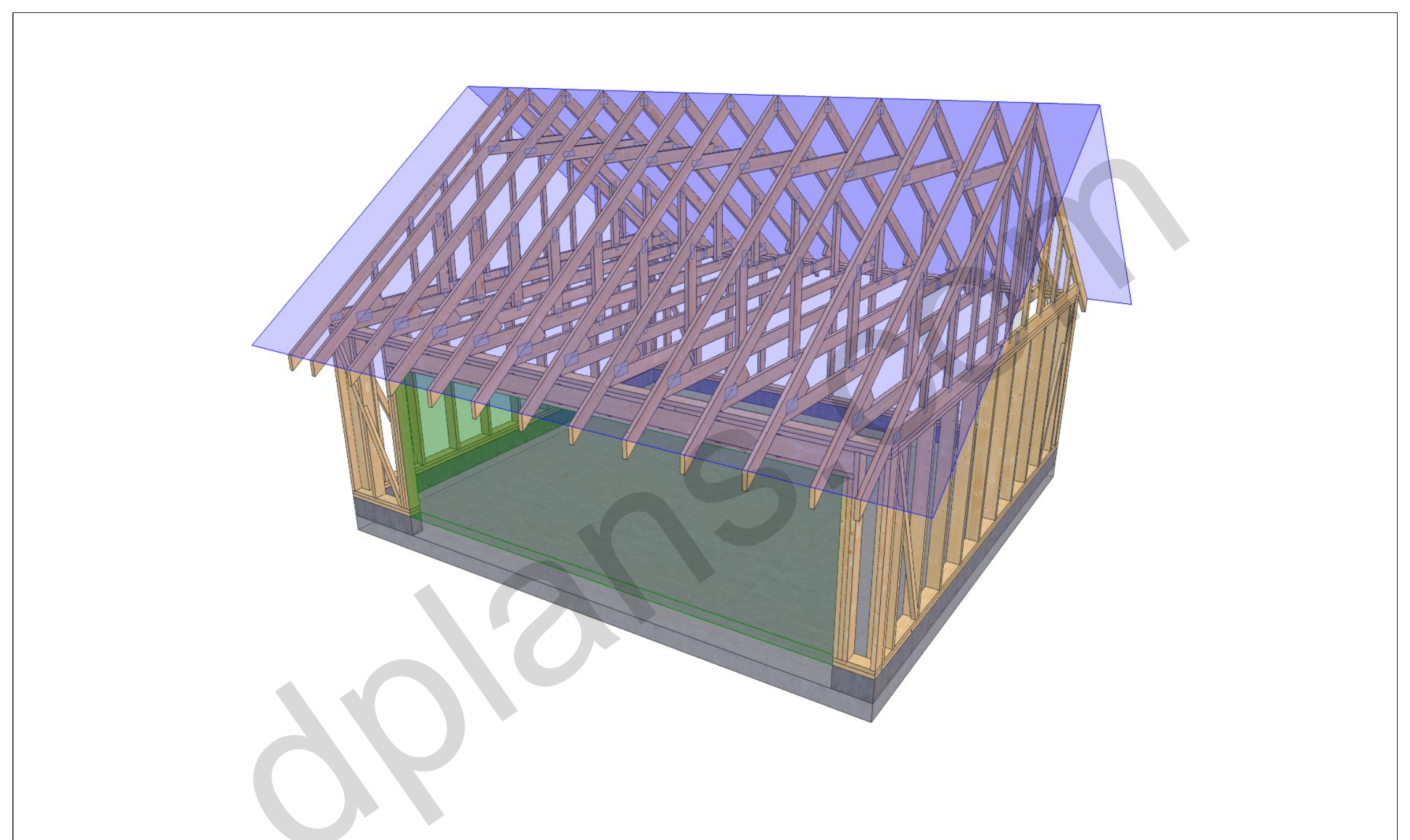22x20 garage plans, 3D model of the timber frame garage with roof trusses on a concrete slab