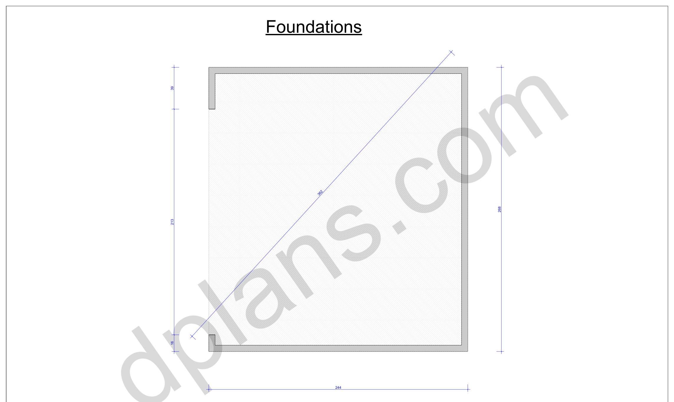 22x20 garage plans, foundation plan with the concrete slab outline and diagonal check (imperial, inches)