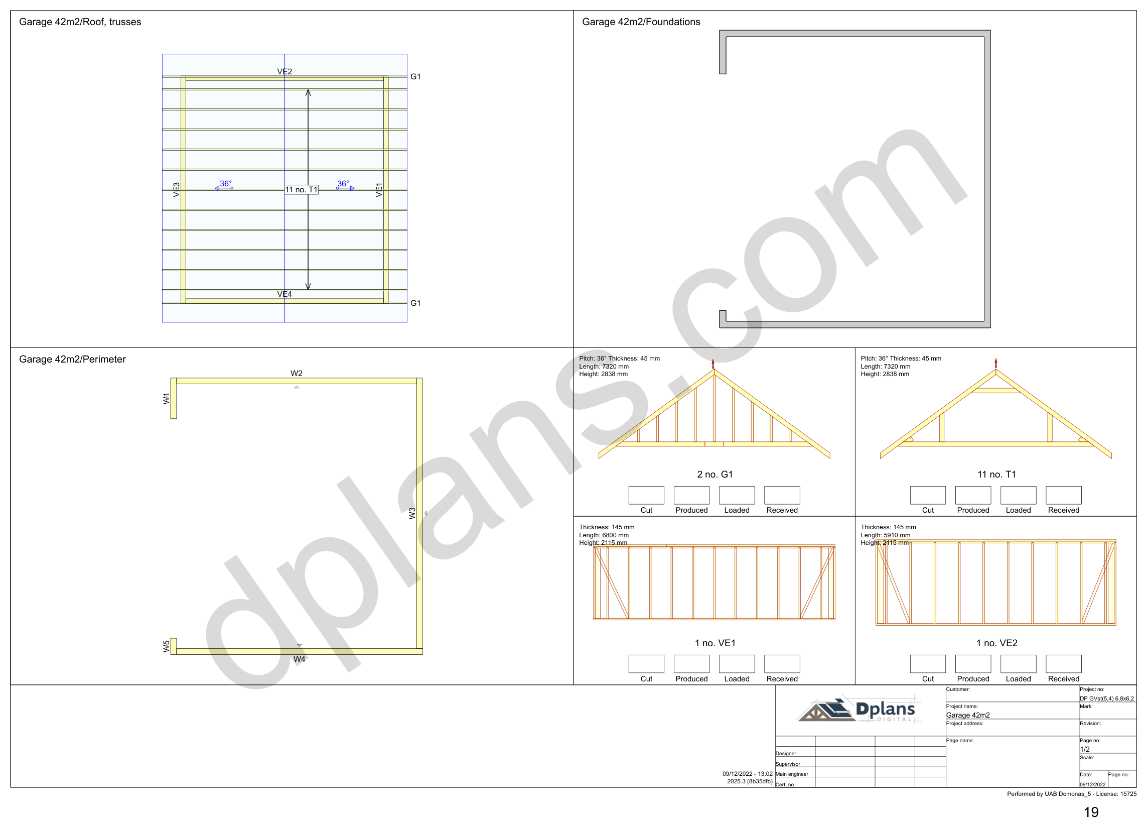 22x20 garage plans, overview sheet with the truss plan, foundation, perimeter and wall panels (metric, mm)